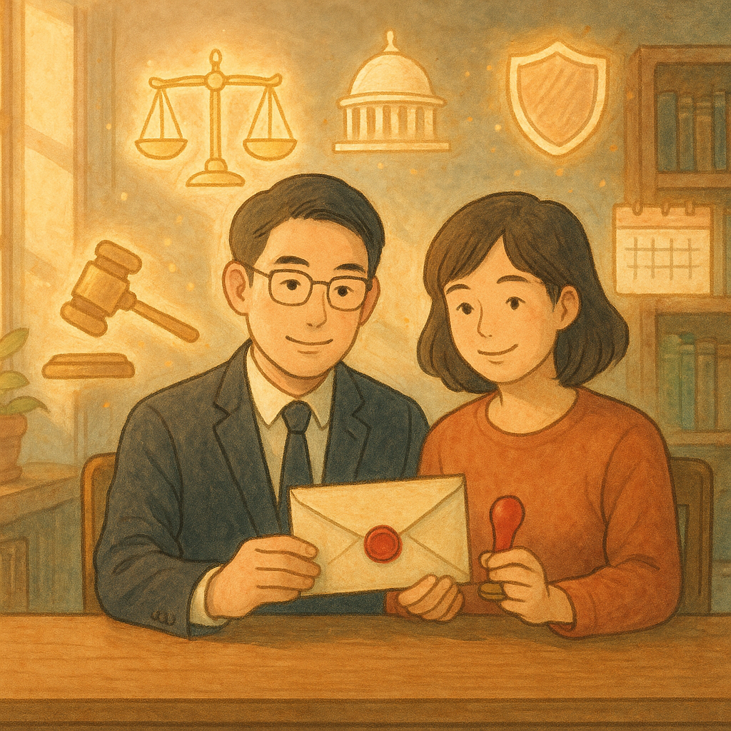 溫暖自然光下的律師事務所，台灣人律師與當事人並肩坐於木桌前，手持無字公文信封與紅色封蠟印，周圍漂浮發光的天秤、法槌、法院穹頂與日曆、盾牌等圖示，手繪質感、柔色吉卜力風，情感安定、帶魔幻，畫面無文字。