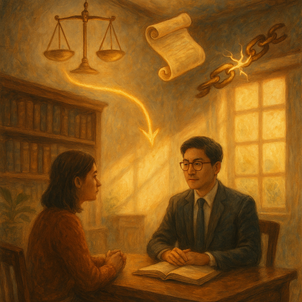 柔光灑入溫暖事務所，台灣律師與當事人對坐諮詢；天花板下漂浮天秤、契約卷軸、正被金線修復的破裂鎖鍊，指向發光的行動路徑，手繪質感、魔幻寫實、畫面無文字。