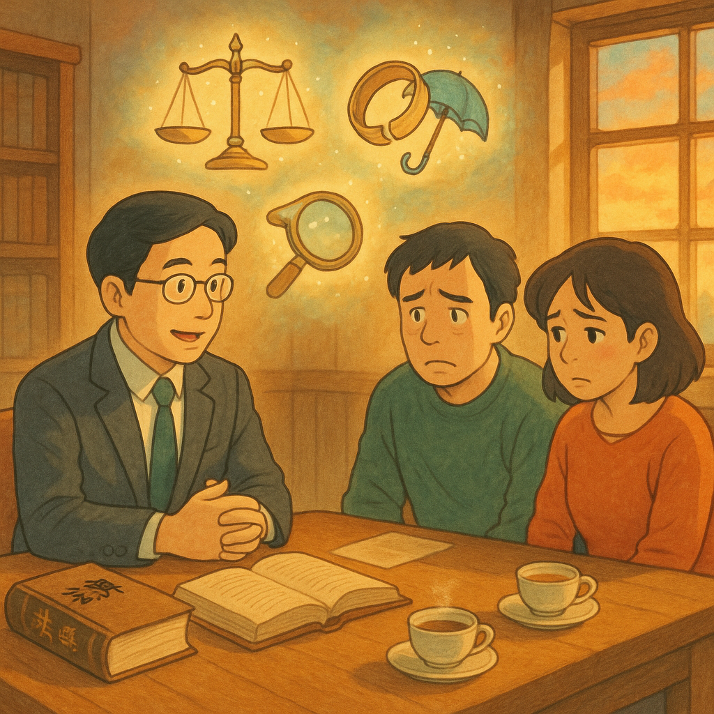 溫潤夕光下的木質事務所內,台灣律師溫和諮詢一對神情複雜的配偶;天光中浮現象徵性天秤、裂痕婚戒、守護傘與放大鏡,法典與茶杯散落桌面,吉卜力風柔彩與手繪質感營造溫暖魔幻。