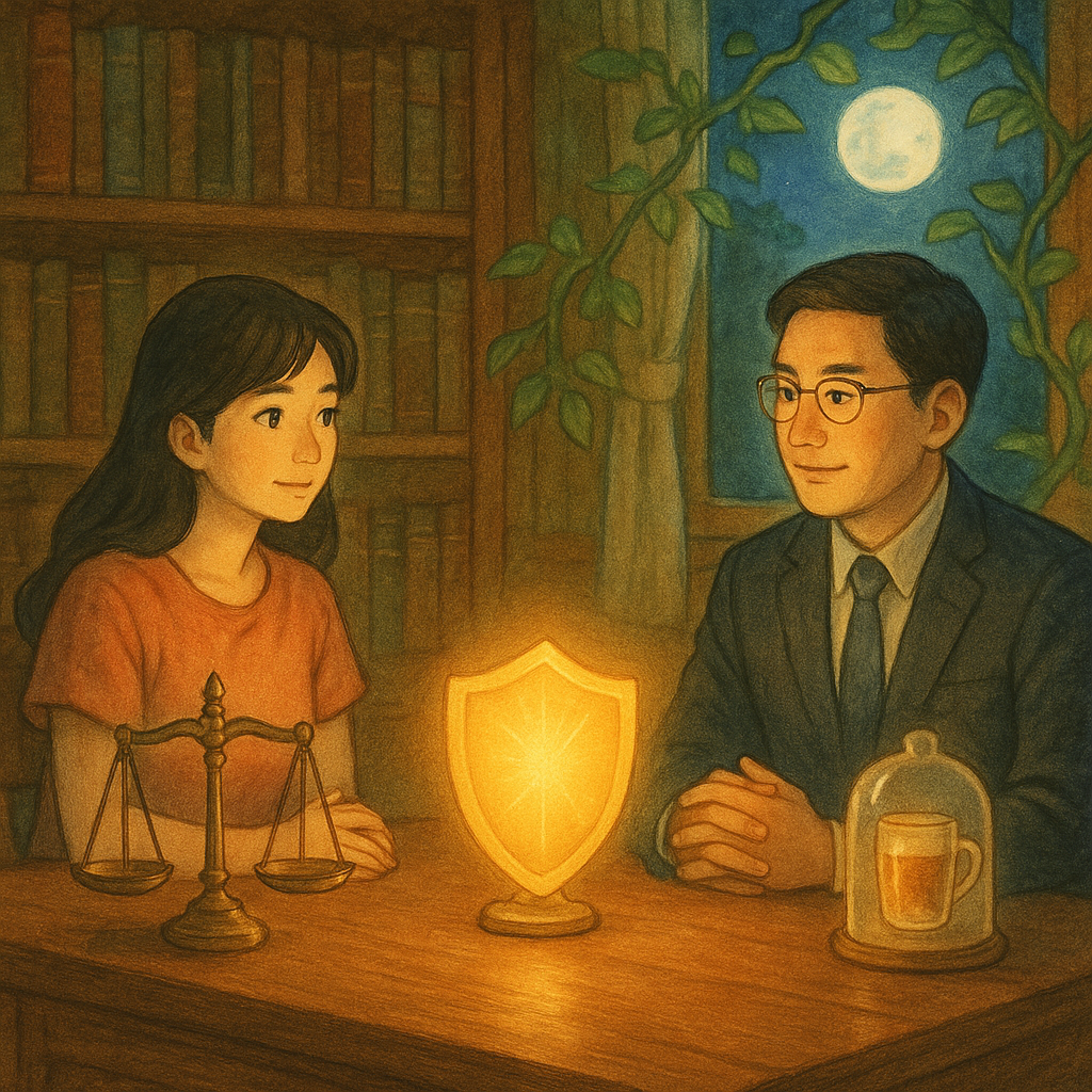 吉卜力風格、柔和自然光與手繪質感；溫暖而魔幻。台灣女性與台灣律師在木質書房面談，桌上天秤、發光盾牌與被光罩守護的飲杯，窗外月光化作守護藤蔓，象徵取證、保護與療癒；氛圍沉靜且有希望。畫面中無文字。