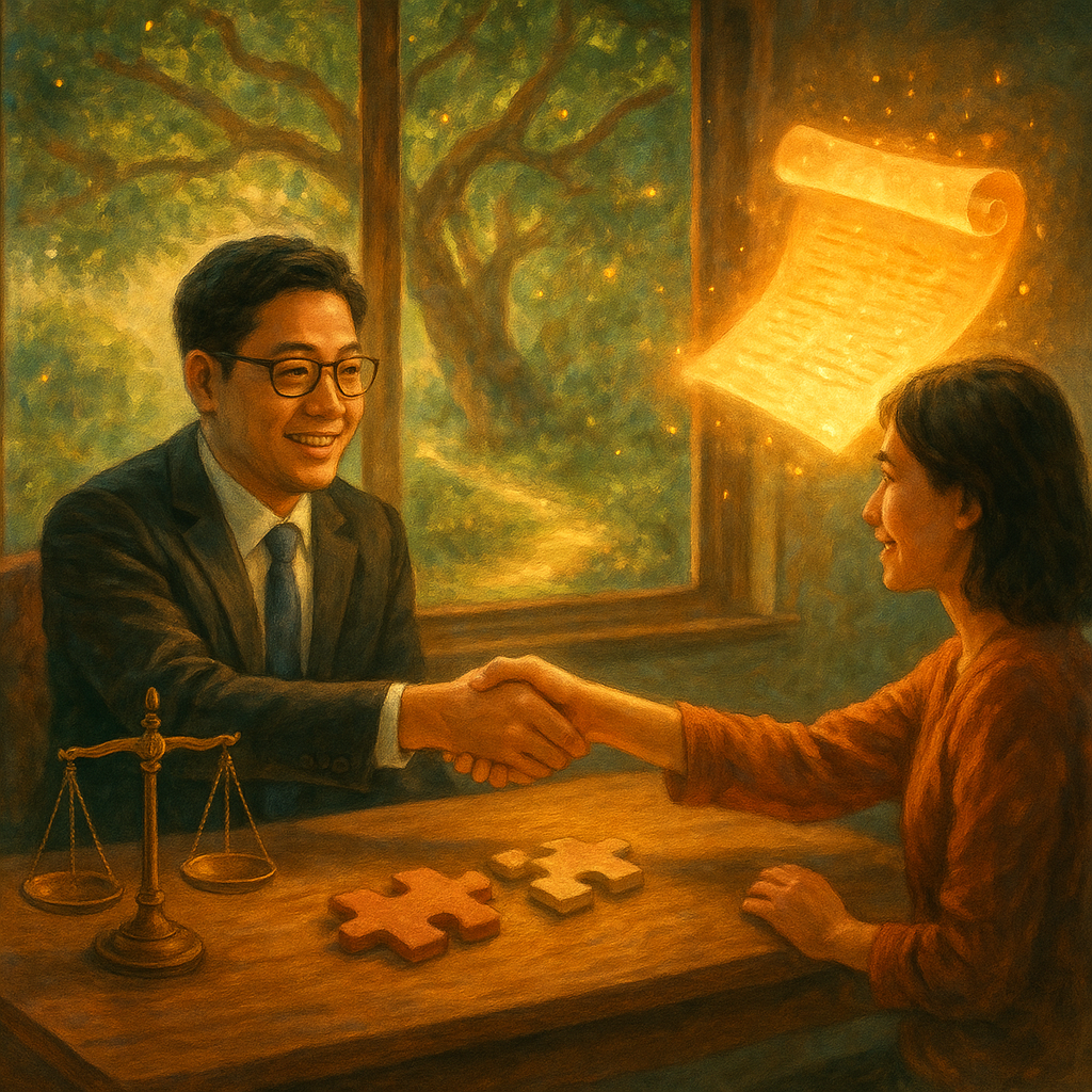 暖色自然光下,台灣律師與當事人於木質諮詢桌握手,桌上天平、拼合的拼圖與發光卷宗漂浮,象徵認罪協商與共識。窗外榕樹微風、光粒如螢,手繪質感、奇幻電影氛圍,引導走向行動的光之小徑。