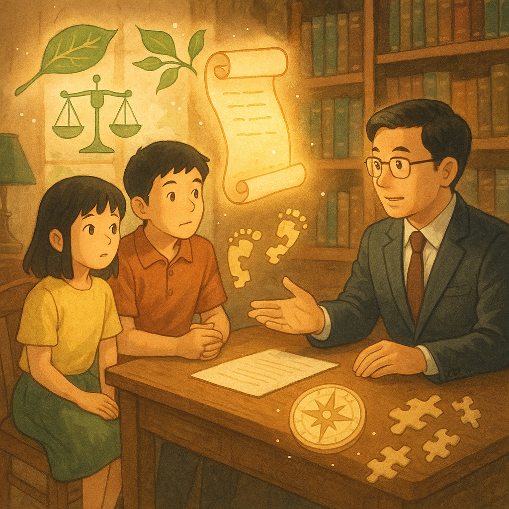 吉卜力風插畫：台灣兄妹與律師在暖色木質辦公室諮詢，柔光自然。發光遺囑卷軸、家譜葉片與天平環繞漂浮，拼圖化作足跡與指南針，象徵兄妹特留分的結論與行動建議；手繪質感，無文字。