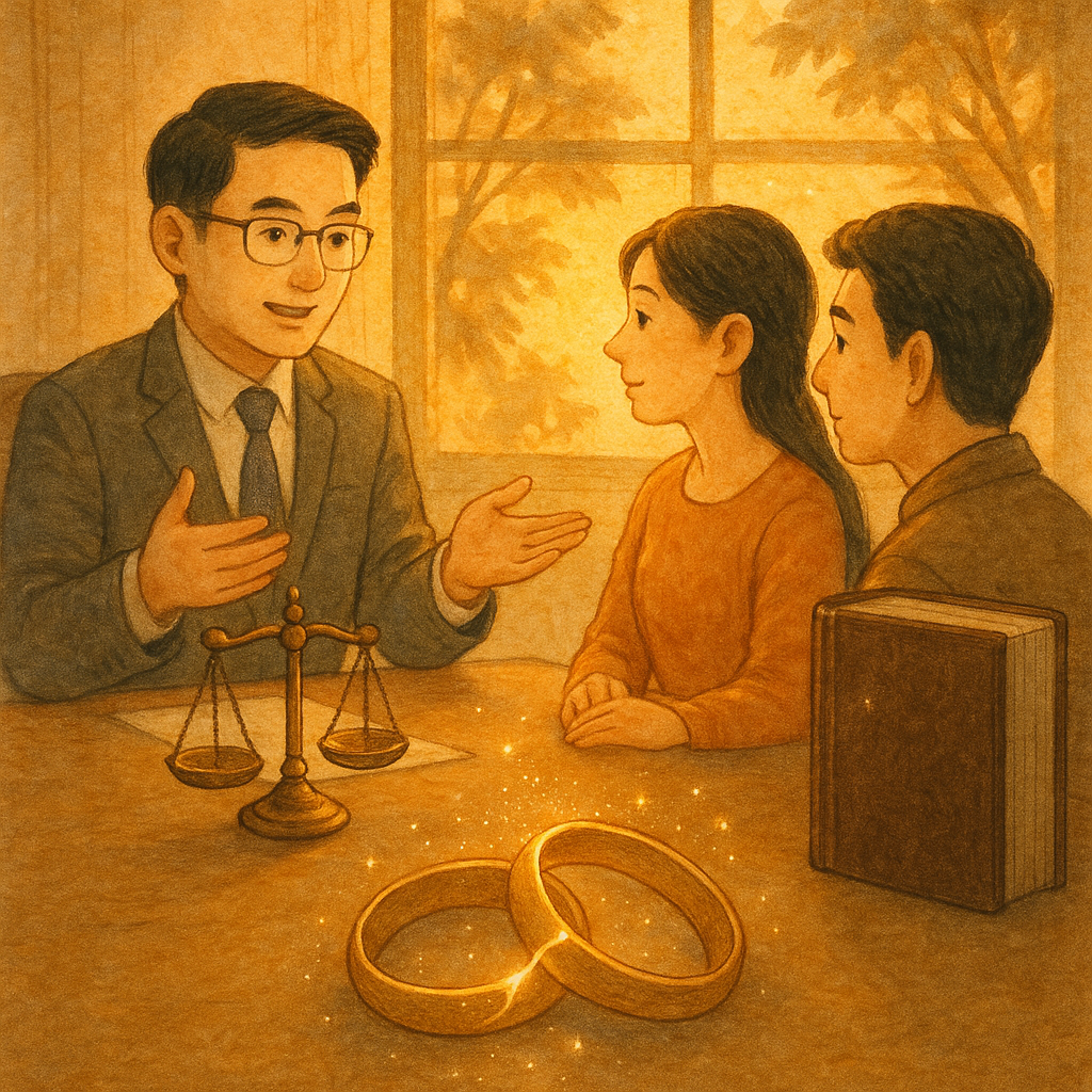 高解析度、暖色黃昏裡的律師事務所，台灣律師溫和諮詢一對台灣夫妻；桌上天平與無字法典旁，兩枚婚戒以金繕般光線縫合，淡淡星塵環繞，窗外樹影搖曳，手繪質感、自然光、童話感濃，無文字。