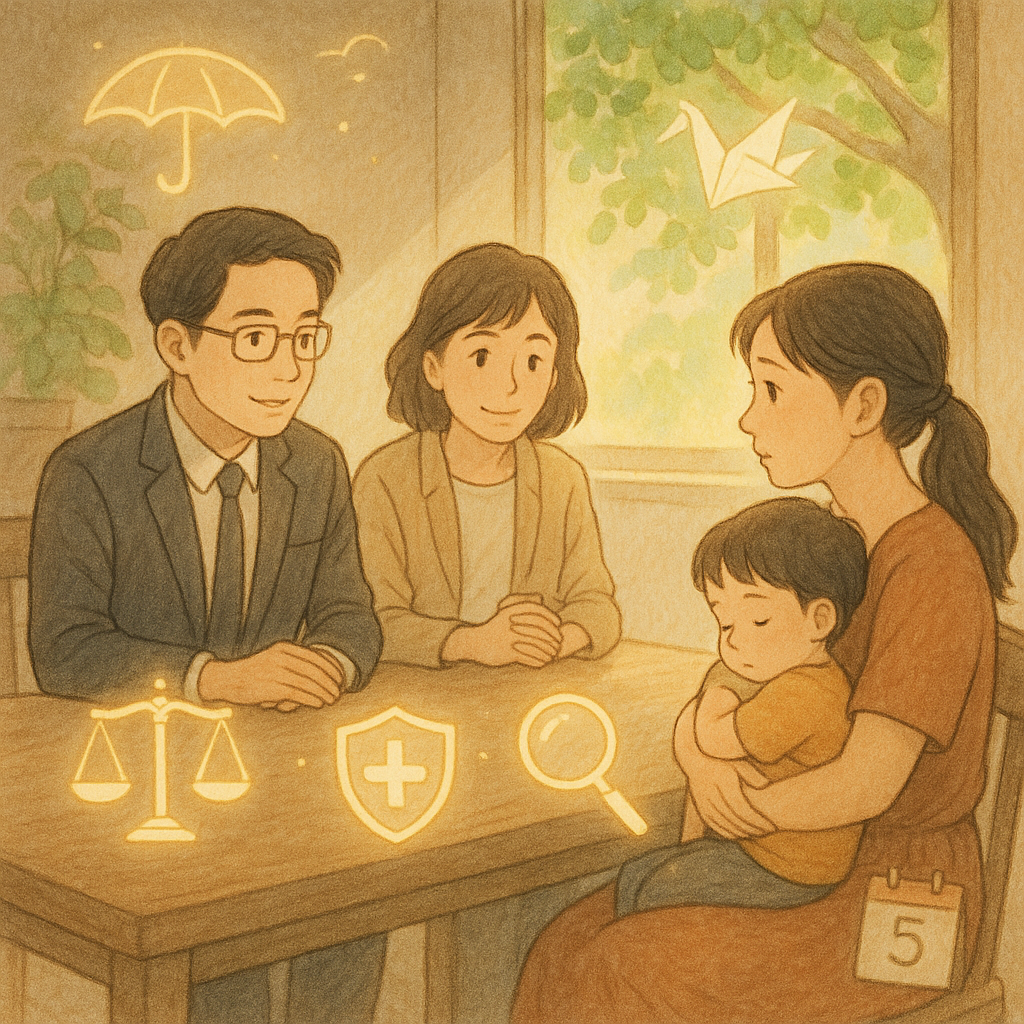 晨光灑落的諮詢室裡，台灣律師與社工溫柔陪談，一位台灣母親輕抱幼童。木桌旁漂浮天秤、盾牌、放大鏡與日曆的微光圖標，窗外樹影化作守護傘與紙鶴；手繪質感、柔色自然光的吉卜力式電影感，寓意法律協助、保護與常見疑問的解答。