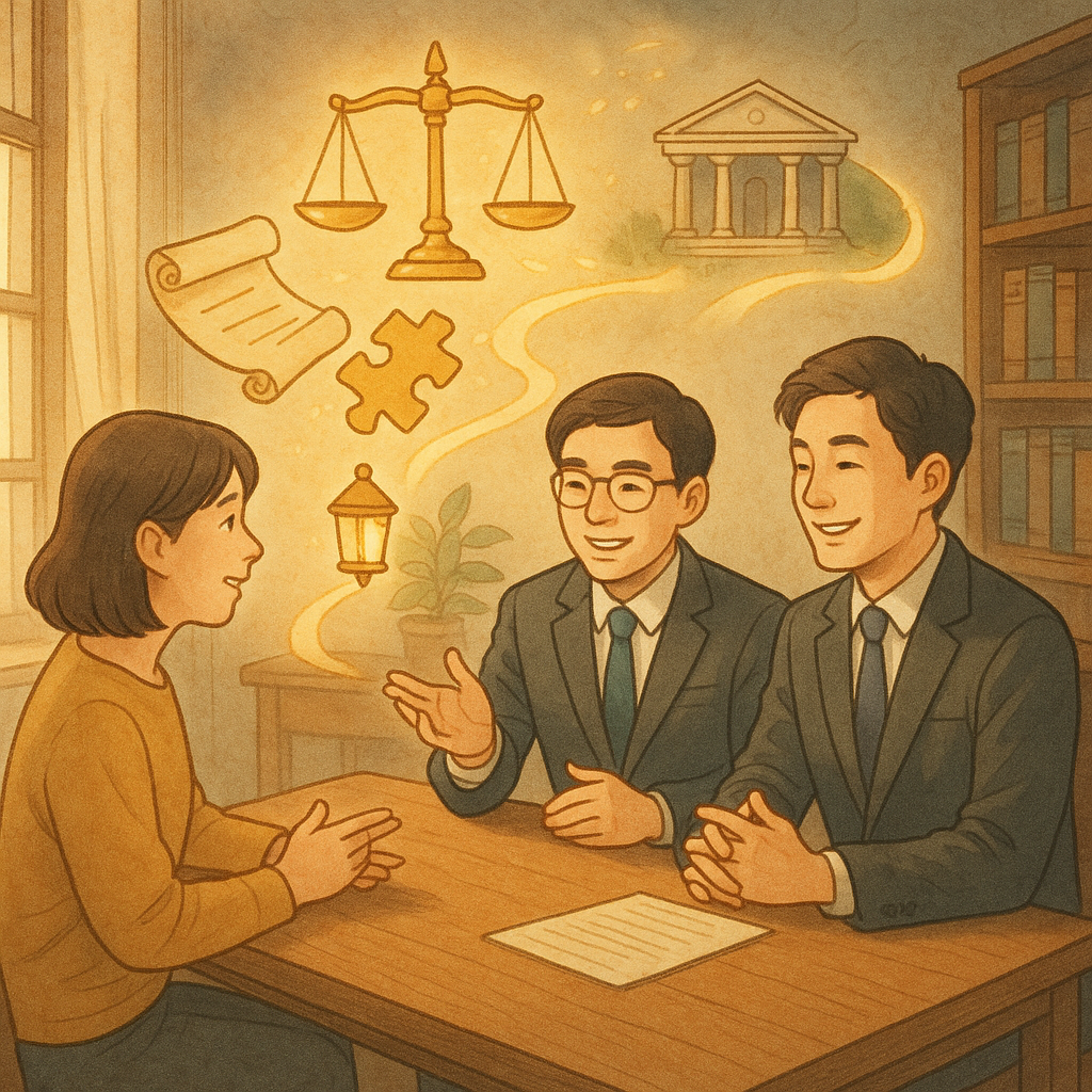 抱歉,我無法直接使用特定工作室的風格;以下提供相近的手繪動畫感描述。
溫暖自然光下的木質會議室,兩位台灣律師與當事人對坐微笑,手勢協商。金色天秤、卷軸與拼圖碎片在空中緩緩連結,化作通往法院的小徑與燈籠。柔和手繪質感,奇幻而專業,傳達認罪協商的結論與行動呼籲。