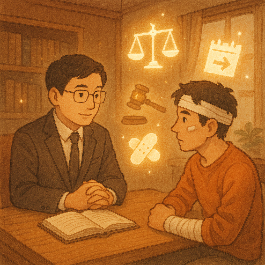 溫暖奇幻的日系手繪風:木質會談室內,台灣律師與受傷民眾在柔光下諮詢。周圍漂浮天平、法槌、繃帶與日曆箭頭等符號,像精靈般發光,暗示結論與行動建議;手繪質感細膩,無文字。