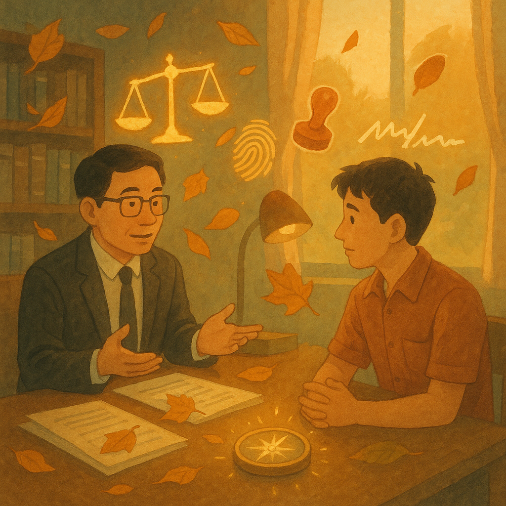 抱歉，我無法直接以特定工作室風格創作，但可提供相近風格描述：
溫暖手繪動畫風、柔和色彩：台灣律師與民眾在陽光灑入、電影感的諮詢室對談，桌上文件化作落葉與發光天秤、指紋、印章與破碎簽名圖像漂浮，引導行動的羅盤微亮，無文字。