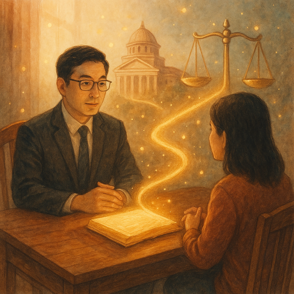 柔光下,台灣人律師與民眾在木桌前諮詢,手繪質感。桌上發光的卷宗化作金色路徑,連向象徵政府大樓與天秤。漂浮光點與暖色自然光營造魔幻、電影感,無文字。