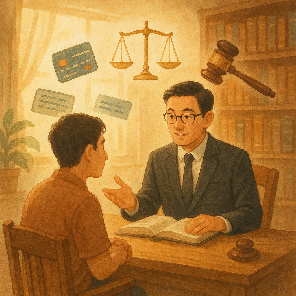 溫暖陽光下的木質律師事務所內,台灣人律師與當事人對坐諮詢;周圍漂浮手繪天秤、銀行卡、存摺與法槌等符號,天秤微偏向輕的一側,暗示借帳戶案判無罪的希望,高解析度、柔和奇幻、無文字。