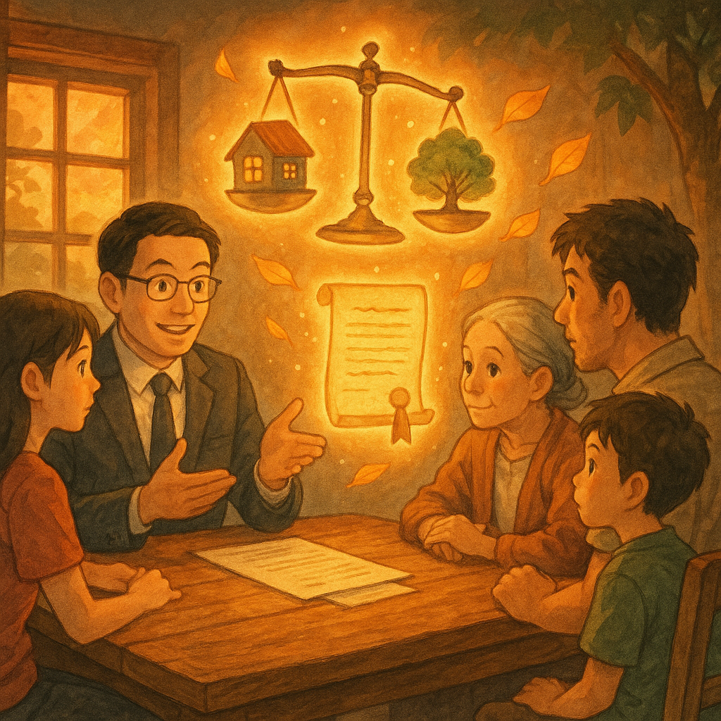 暖色夕光下，高解析手繪風，台灣人律師與家族於木桌商談，空中漂浮不均天平與發光遺囑、家屋與樹葉符號；吉卜力式奇幻氛圍，自然光影細節豐富，無文字。