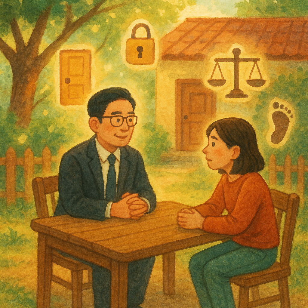 溫暖手繪、童趣電影感的庭院前，台灣人律師與住戶表情細膩在木桌相談；柔光穿樹，屋門與鎖、天秤與腳印化作漂浮符號環繞，圍籬泛起微光邊界，寓意侵入住宅罪的界線與常見問題諮詢氛圍。