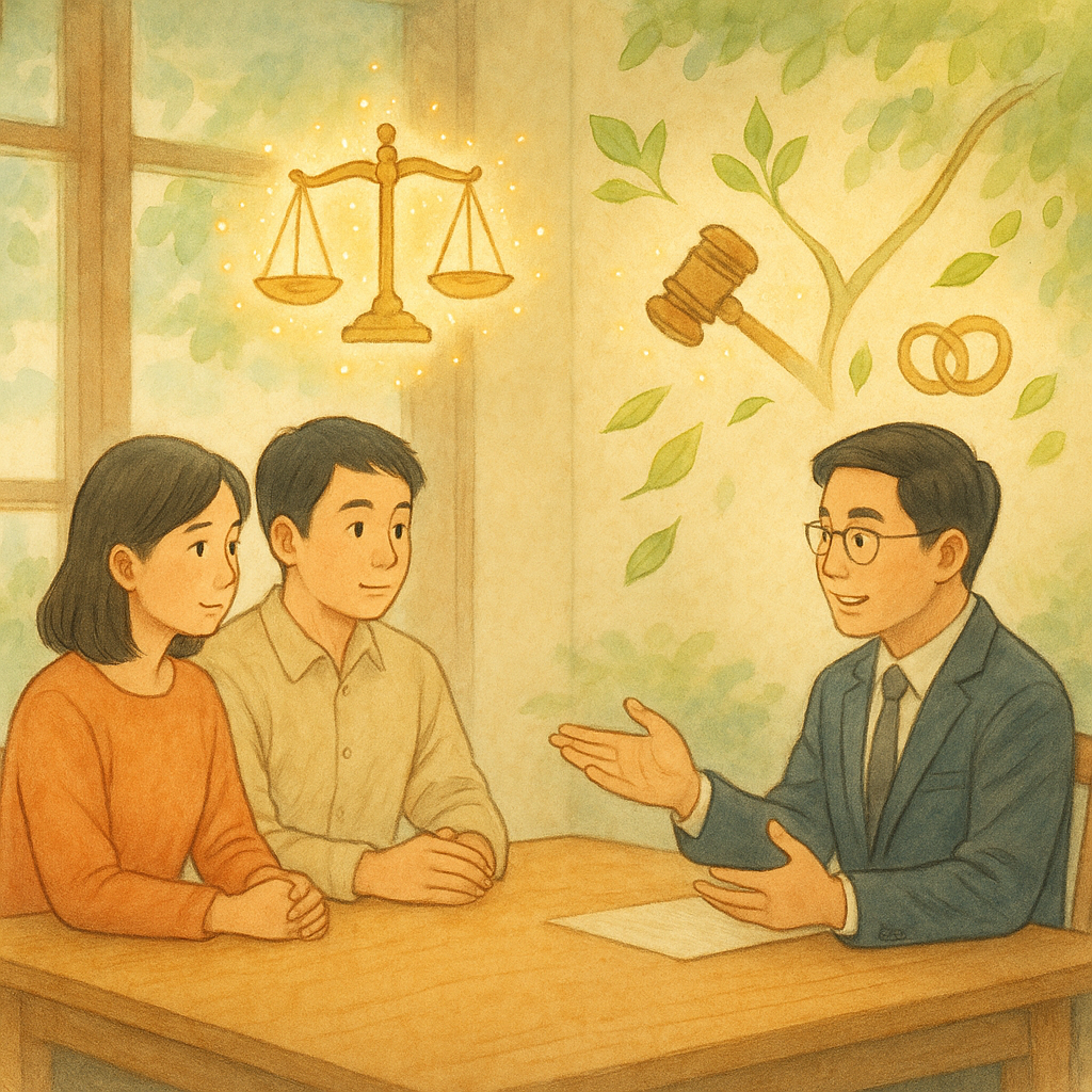 柔和色調與自然光中，兩位台灣人與台灣律師在木質會談桌前平和交流，天秤與法槌化為溫暖光粒漂浮，兩條分岔的小徑與分合的戒指化作葉片，象徵訴訟離婚的結論與新生，吉卜力式手繪質感、無文字。