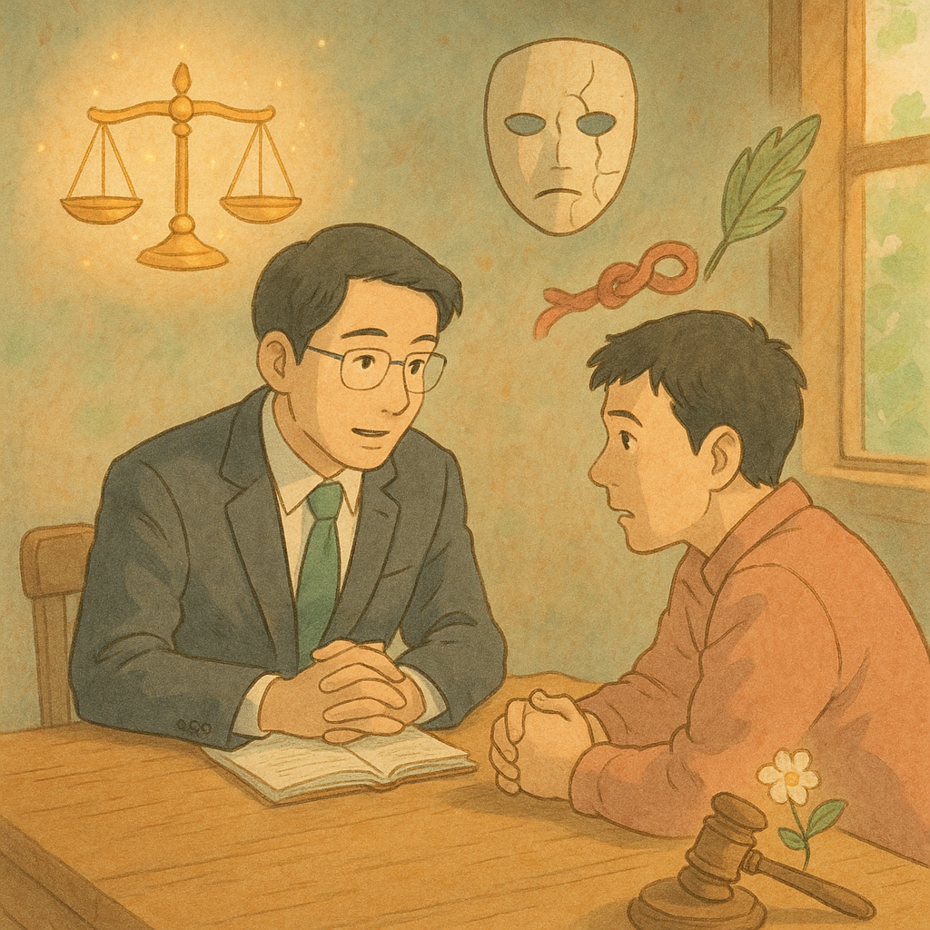 以吉卜力風柔和色調與自然光,台灣律師與當事人在木質桌邊低語,周圍漂浮手繪質感象徵:發光天秤、裂紋面具、打結紅絲與羽毛筆化葉;法槌綻放小花,氛圍奇幻溫暖,呼應偽證罪諮詢結論。