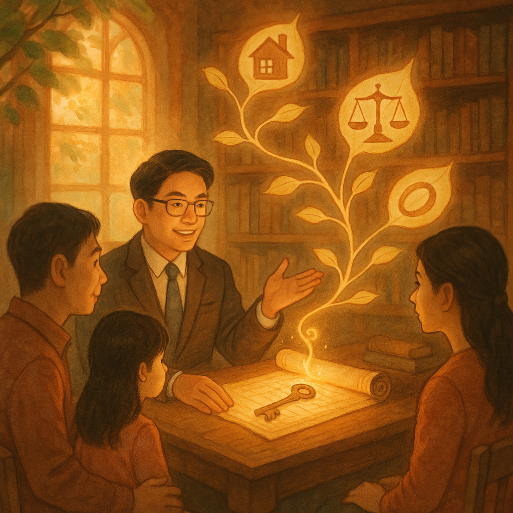 溫暖魔幻風格的場景中，一位台灣律師在木質書房為台灣家庭解說繼承常見疑問；窗外如吉卜力般柔光灑落，漂浮的家譜樹葉化為戒指、房屋與天平等圖像，案桌上有發光卷軸與鑰匙，光帶連結代際，手繪質感無文字。