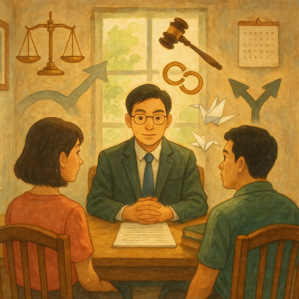 吉卜力風溫暖筆觸下的律師事務所裡,一位台灣律師與一對台灣夫妻對坐諮詢,窗光柔和。周圍漂浮天秤、法槌、分離的戒指與化作紙鶴的文件、岔路與無字日曆,象徵訴訟離婚常見疑問;手繪質感、自然色調、奇幻而寫實。