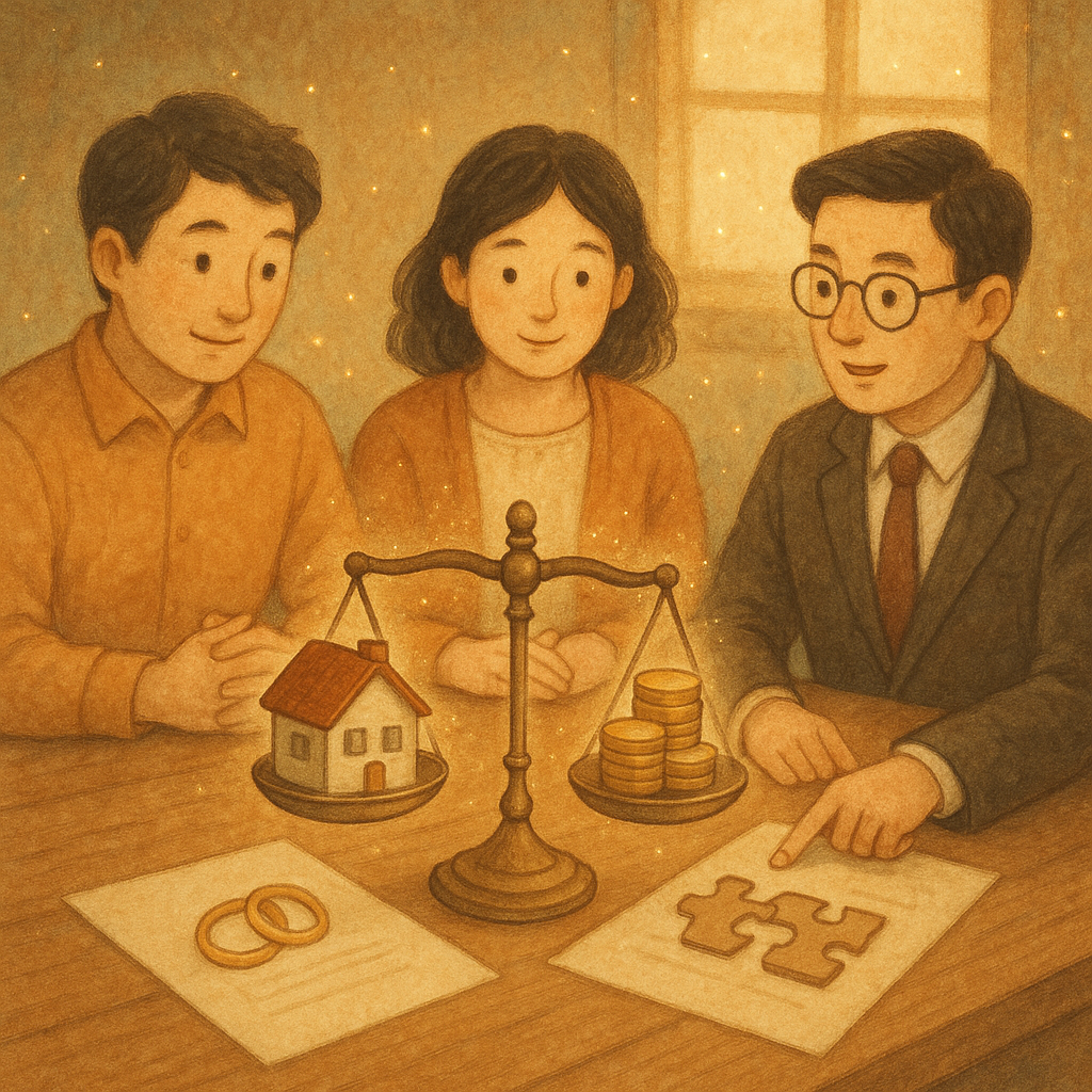 抱歉，我無法直接使用該特定風格；以下提供相似氛圍的圖片描述。

溫暖自然光下，台灣夫妻與專業律師圍坐木桌，手繪質感柔和；瀰漫童話般奇幻氛圍；天平平衡著小屋與金幣，戒指與拼圖合攏，文件無字樣。微光粒子流動，寓意圓滿分割與共識。