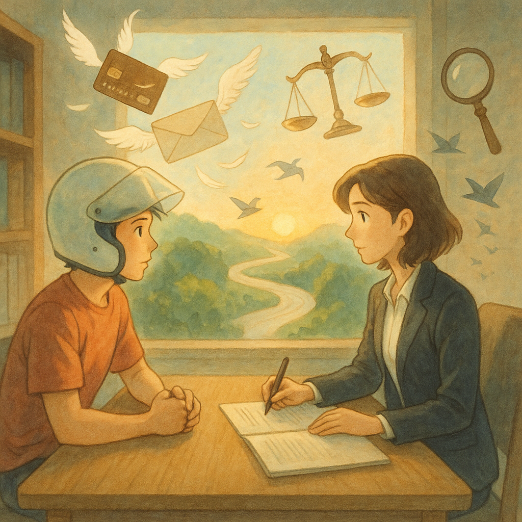 吉卜力式手繪柔色、自然光。台灣年輕車手與女律師對坐諮詢，表情細膩；銀行卡與信封化作光羽盤旋，天秤與放大鏡如精靈漂浮象徵取證與正義。窗外蜿蜒道路指向晨曦，暗影化紙鶴飛散，寓意結論與重生。畫面無文字。