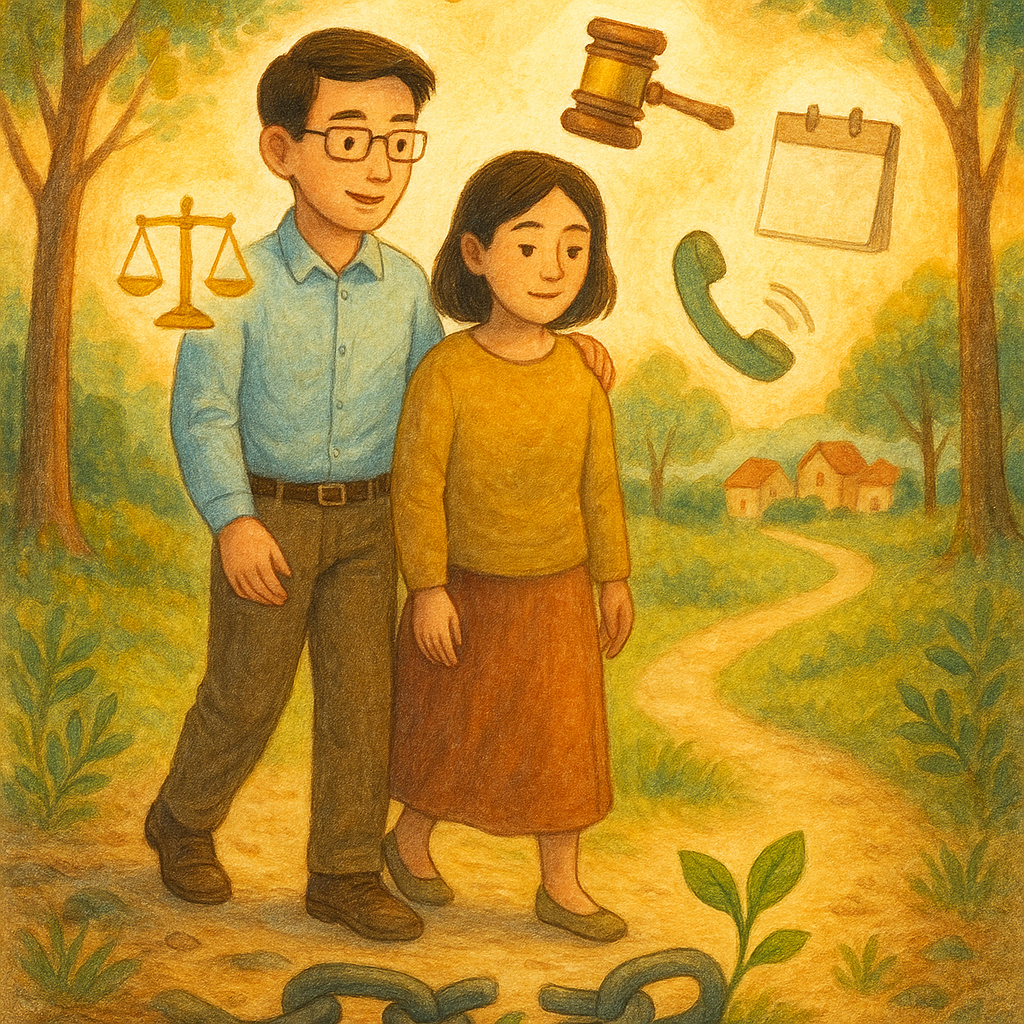 抱歉，我無法直接使用特定工作室的風格；以下是通用溫暖奇幻手繪風的描述：
溫暖奇幻、手繪質感的高解析插畫：晨光下的台灣人諮商師神情溫和與個案並肩前行，腳邊斷裂鎖鏈化作綠芽；前方浮現天平、法槌與無字日曆、求助電話圖示，引導通往療癒社群的小徑。