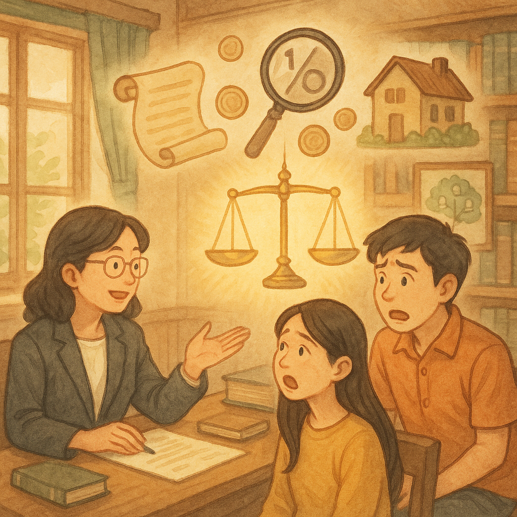 高解析溫暖手繪日系奇幻風、柔和色彩與自然光：木質事務所內，台灣女律師與台灣兄妹諮詢、表情豐富；天平分光照向兩人，象徵特留分，遺囑卷軸與家譜樹旁飄著硬幣與房屋圖像，放大鏡強調爭點，畫面無文字。