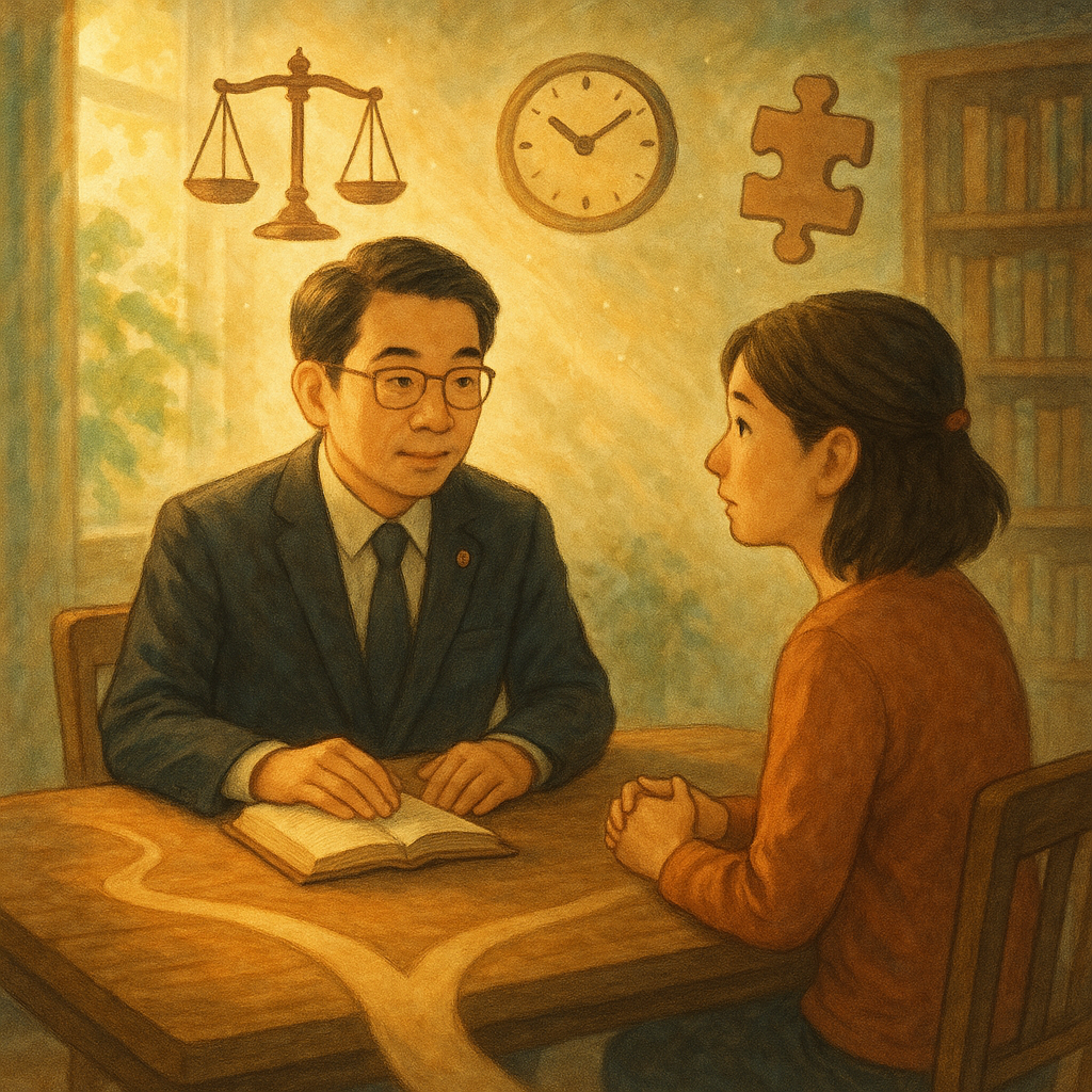 抱歉，我無法直接使用特定工作室的風格，但可提供相近的美術敘述：

奇幻溫暖的柔光、細膩手繪動畫風，台灣律師與當事人於木桌洽談；天光灑落，空中漂浮天秤、拼圖、時鐘與握手圖像，地上延伸分岔小徑象徵常見疑問與抉擇，無文字。