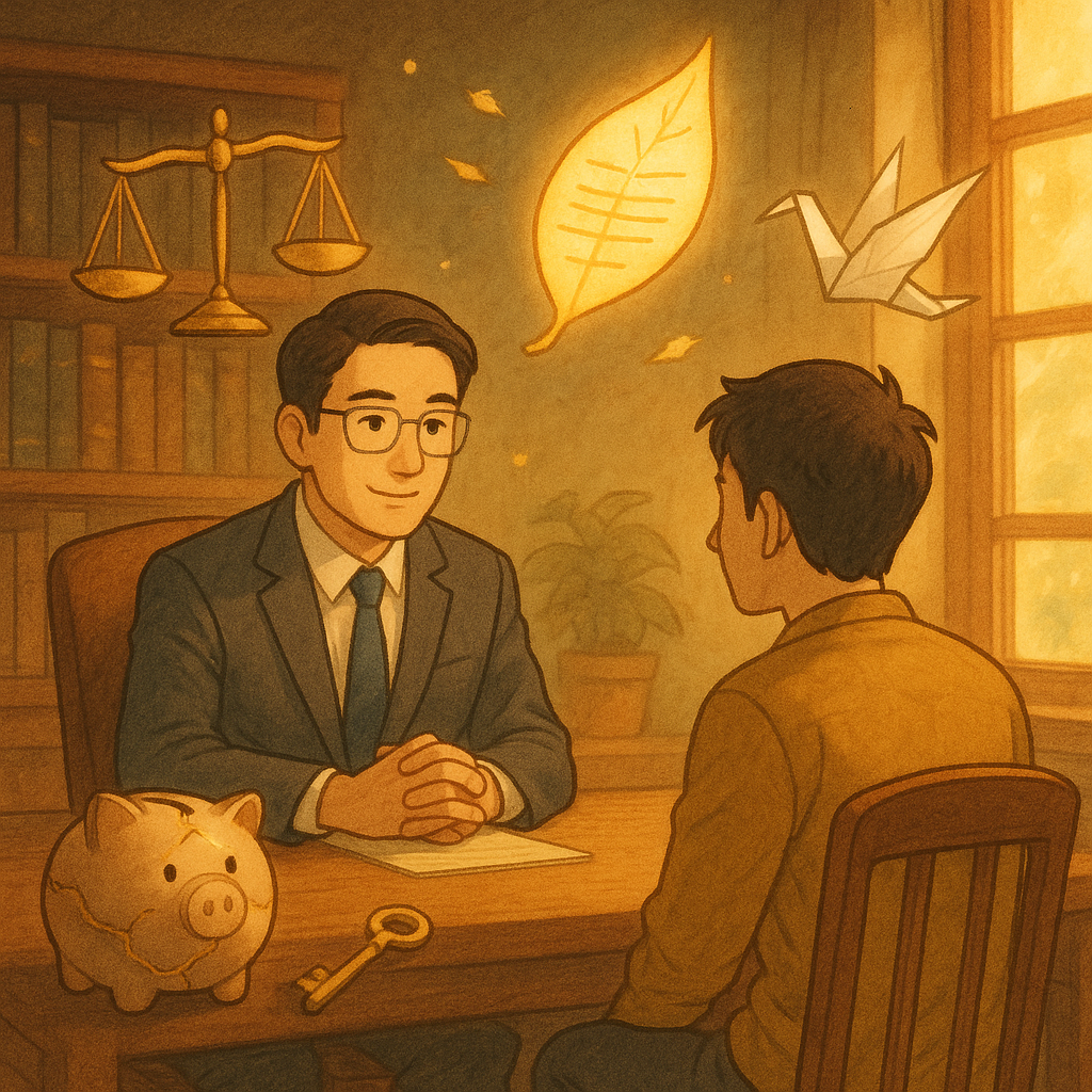 抱歉，我無法直接採用特定工作室的風格；以下提供相近的溫暖手繪、奇幻電影感描述：

溫潤手繪動畫風，台灣律師與委託人在木質書房對坐，表情專業而溫和；午後自然光灑落。天平與發光契約葉片在空中環繞，裂痕金綴的撲滿與鎖鑰象徵背信與修復，紙鶴輕舞喚起行動。
