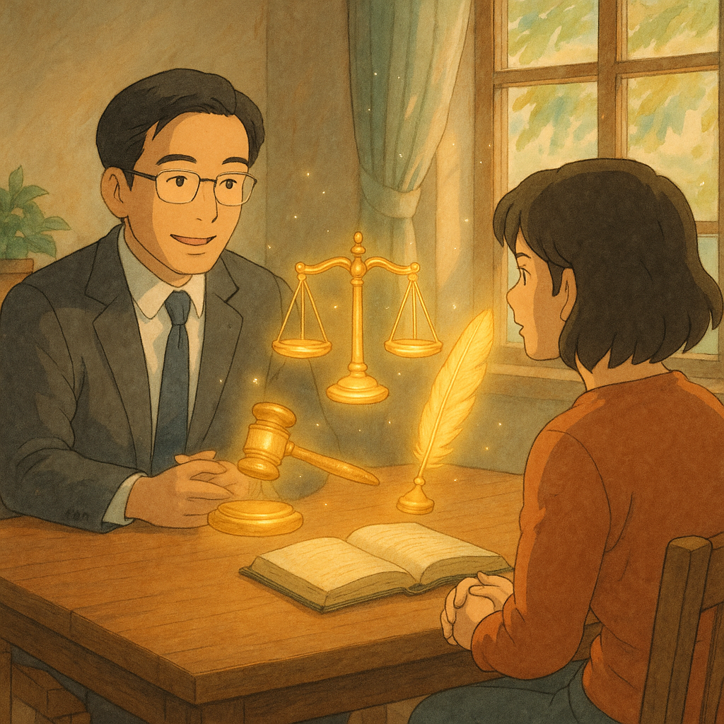 溫柔色調、自然光的吉卜力風高解析插畫、電影感構圖:台灣律師與當事人在木桌旁諮詢,桌上漂浮發光的天平、法槌與羽毛筆象徵偽證罪與誠實宣誓,窗外微風與光塵營造魔幻暖意,手繪質感細膩,畫面無文字。