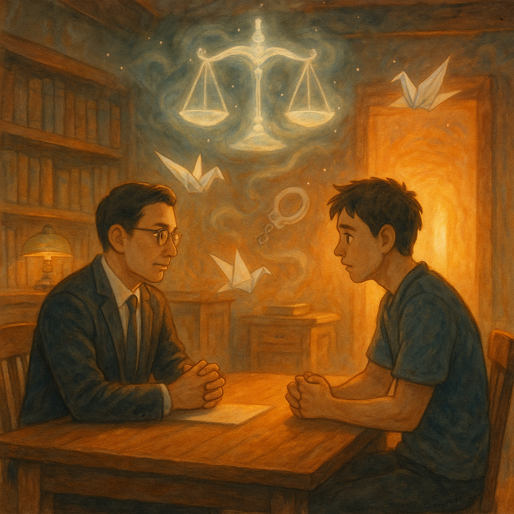 暖色夕光下，台灣人律師與當事人於木質事務所對坐，溫柔商談自首。半透明天秤與發光門口在空中浮現，化作指引；紙鶴與解開的手銬飄落，象徵悔悟與重生。柔和筆觸、手繪質感，吉卜力風奇幻氛圍，無文字。