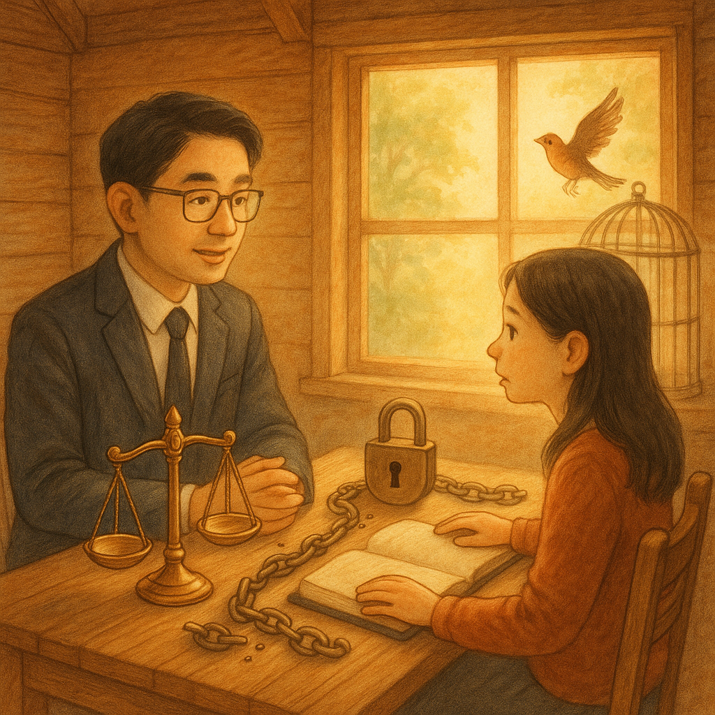 高解析度、溫柔手繪的法律諮詢場景：台灣律師與當事人在陽光灑落的木屋內對坐，桌上浮現天秤、打開的鎖與散落的鎖鏈；窗外小鳥飛離開啟的籠門，暖色光霧瀰漫，細節豐富、童趣魔幻，畫面不含文字。