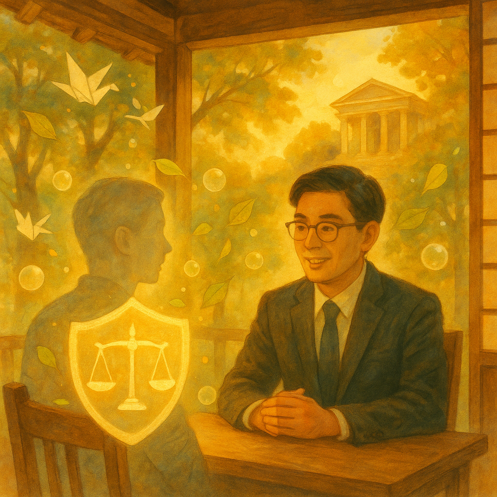 金色午後光中，台灣律師在木質茶屋與當事人對談；微風化作流言紙鶴與葉片氣泡環繞，一面發光的天秤與守護盾罩住半透明人像輪廓，遠處樹梢上溫柔法庭浮現，柔和色彩、自然光與手繪質感，溫暖奇幻，無文字。