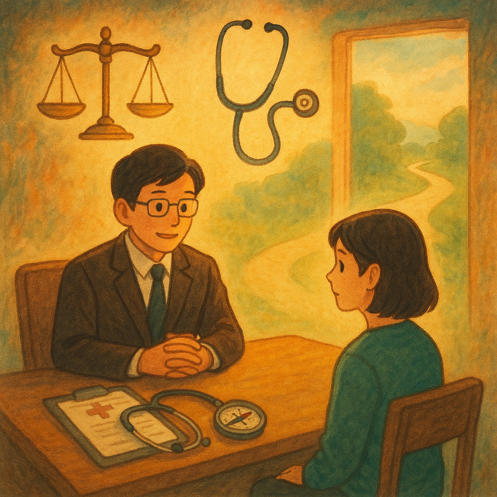抱歉,我不能直接使用特定工作室的風格;我將以溫暖手繪、奇幻的日系動畫風來描述。
高解析度溫暖手繪日系奇幻氛圍中,台灣律師與病患對坐諮詢;柔光下浮現天秤、聽診器與病歷、指南針指向前方道路,象徵醫療損害賠償的結論與行動指引;畫面無文字。
