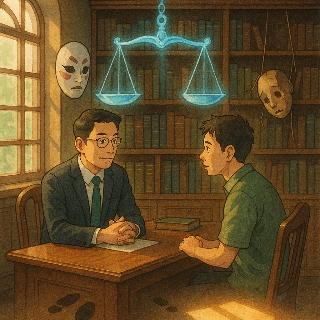 吉卜力風格高解析插畫：台灣律師與當事人在木質書房諮詢，柔和自然光。半透明天秤懸空，面具與斷裂牽線分列兩側，分岔腳印與光影象徵主犯與從犯認定。手繪質感、表情細膩、溫暖魔幻，畫面無文字。