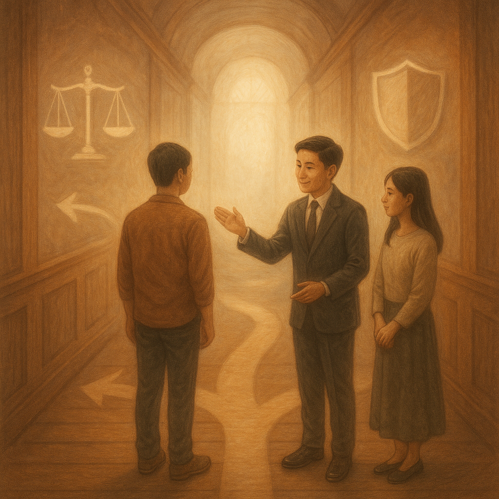 柔光下的偵查庭走廊，兩位台灣人立於象徵自行處理與律師介入的分岔路；律師溫和引導，天秤、盾牌與卷宗光影環繞，木質手繪紋理與暖色霧氣營造奇幻、無文字的法律諮詢氛圍。