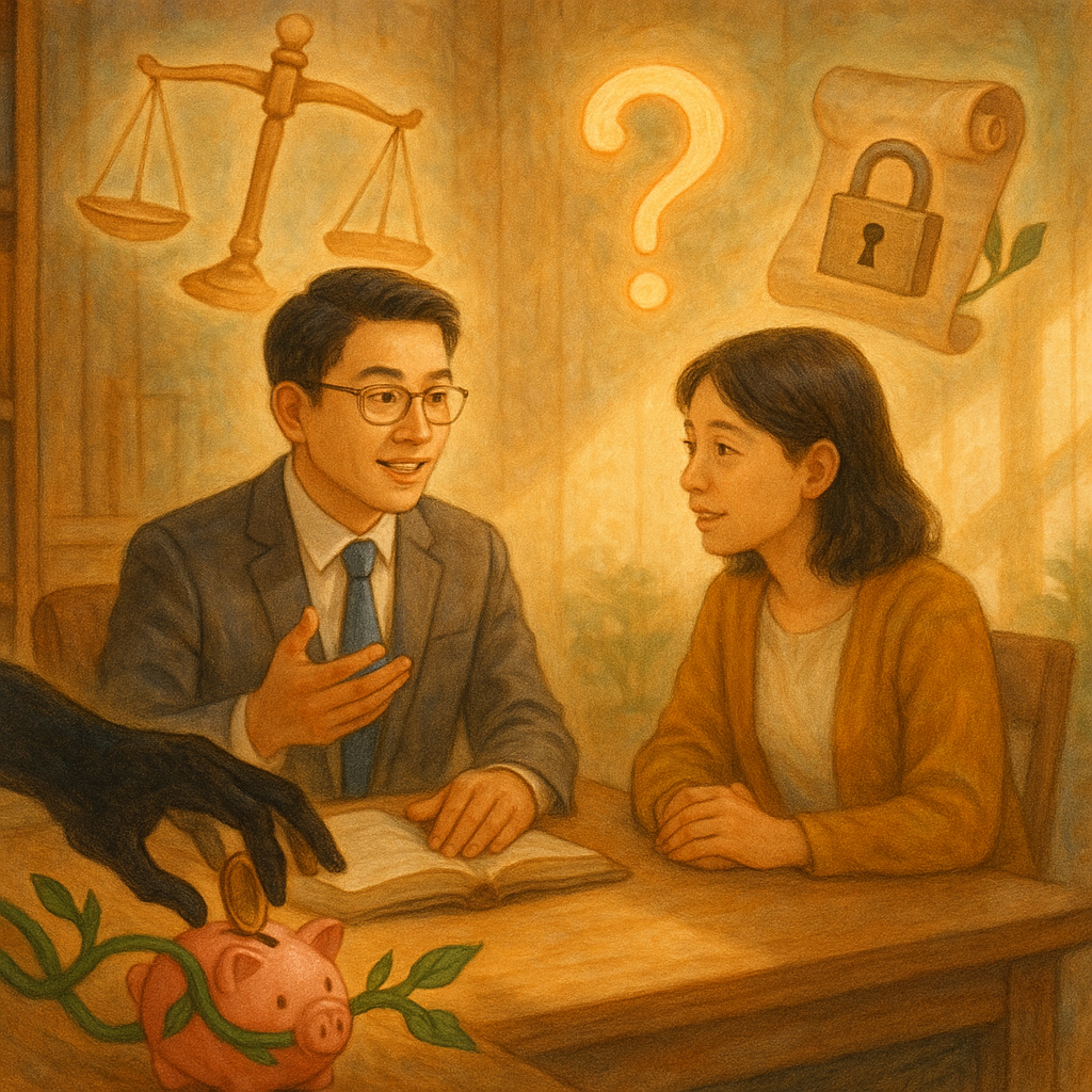 溫柔自然光下,台灣律師與民眾在木質事務所相談,周遭漂浮天秤、問號與上鎖卷宗;暗影手試圖從撲滿偷取硬幣,被光影化作綠藤束住。手繪細膩質感、暖色奇幻、無文字。