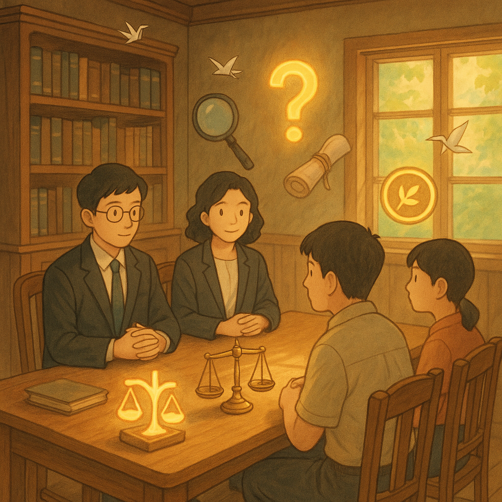 吉卜力式柔光下的木質事務所,兩位台灣律師與民眾圍坐諮詢;桌上天秤與發光分岔小徑,一側漂浮放大鏡與卷宗象徵偵字案,另一側問號、樹葉印章象徵他字案;微風紙鶴、自然光與手繪質感營造溫暖奇幻感,畫面無文字。