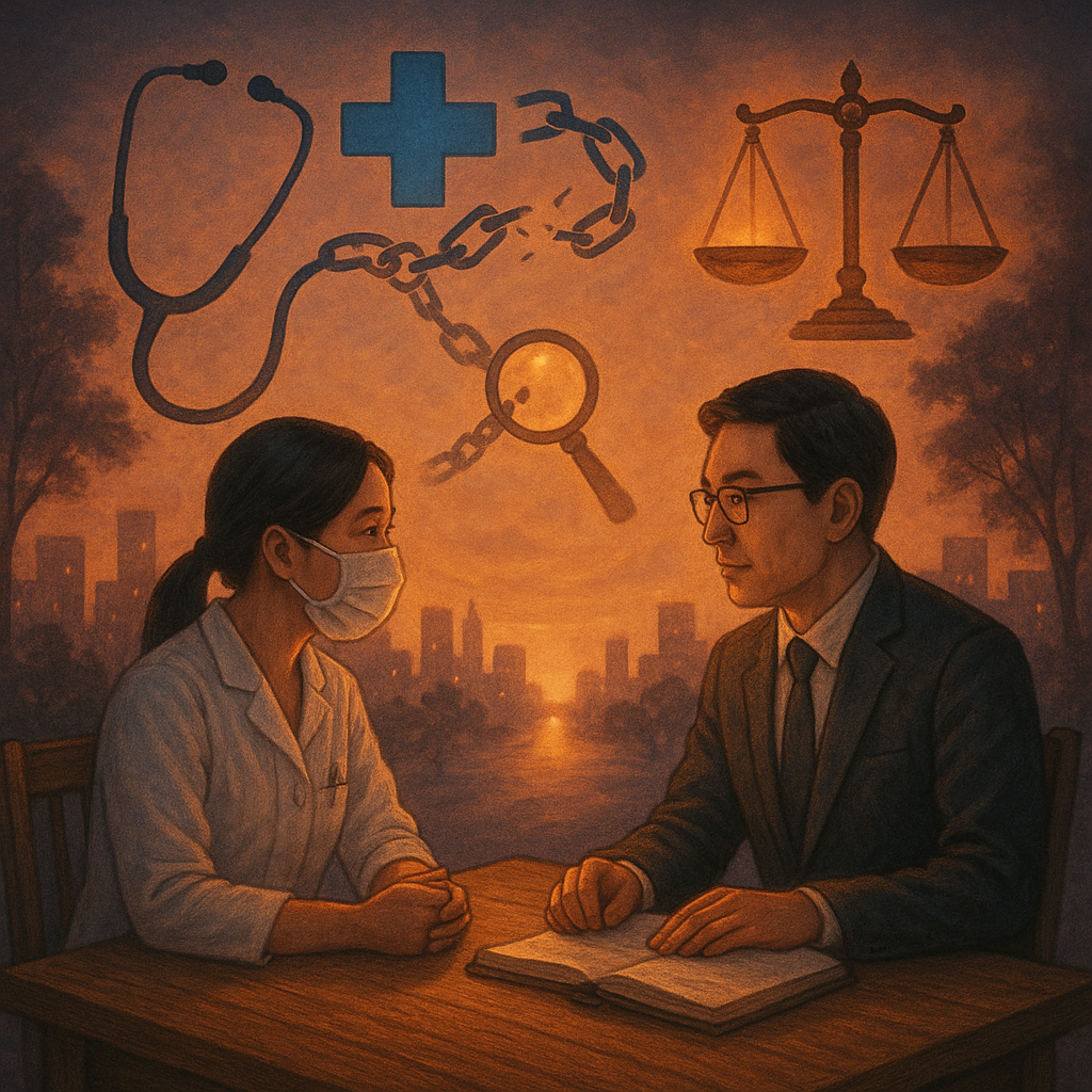 暮色下，台灣人律師與醫護坐在木桌旁諮詢，柔光灑落。空中漂浮的聽診器與藍色十字化為鎖鏈又解開，天平與放大鏡發出暖光，揭示醫療詐欺。遠方一道光路指向前方，背景手繪城市與樹影微動，質感溫潤、魔幻、無文字。