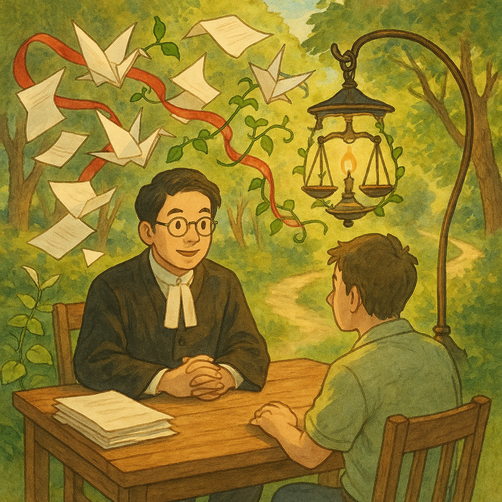 溫暖陽光下，台灣律師與民眾在木桌相談；卷宗化作漂浮紙鶴與藤蔓紅帶，象徵行政程序濫用被輕柔解結；天平燈籠指向清朗小徑，手繪質感、吉卜力風，畫面無文字。