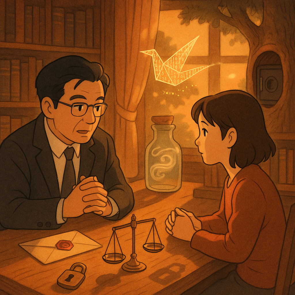暖色夕光下，台灣律師與當事人在木質書房低語，桌上封蠟信、天平與鎖形光影漂浮；紙鶴化作閃爍密碼，微風被收納進玻璃瓶，樹洞似保險箱。吉卜力風、手繪質感、無文字。