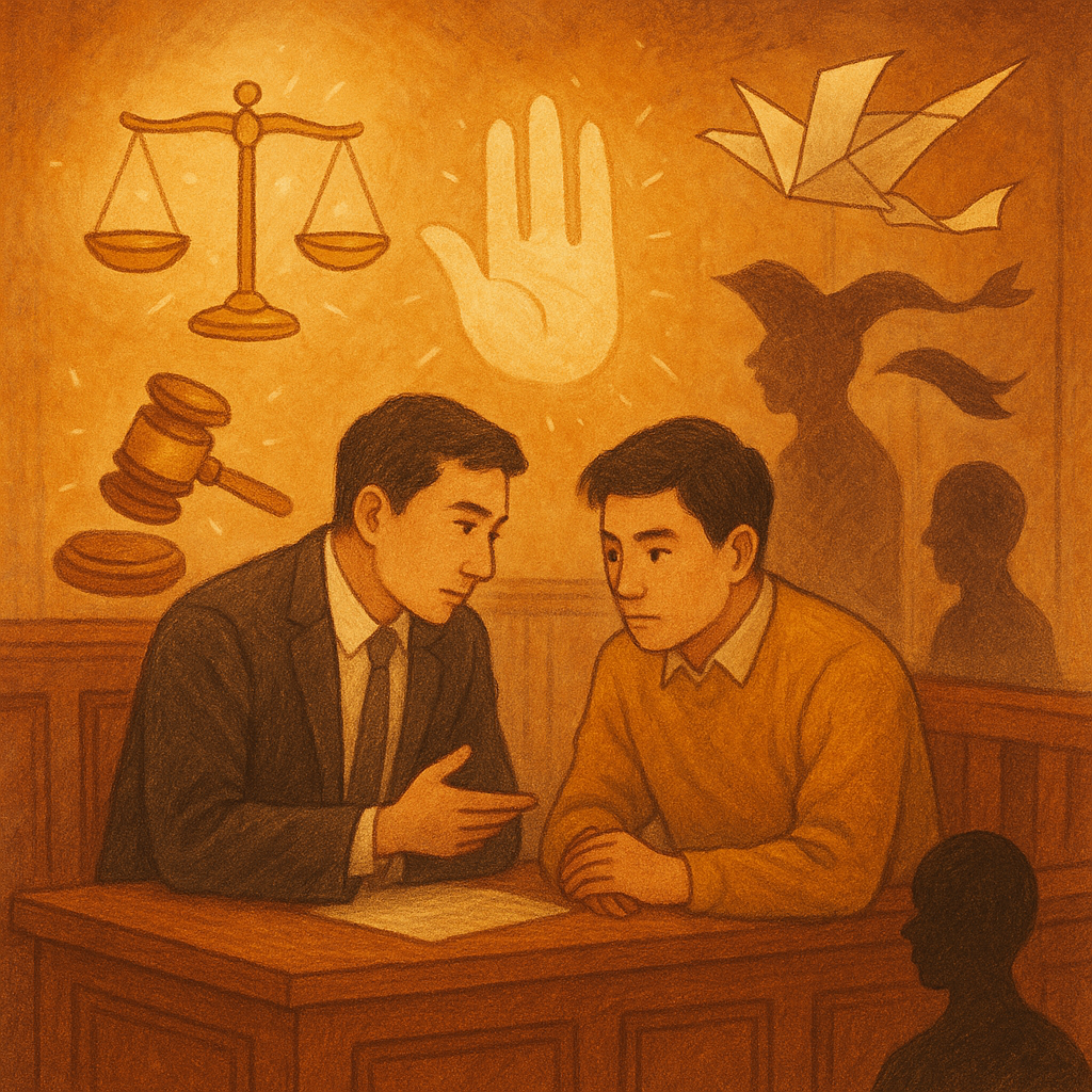 抱歉,我無法直接使用特定工作室的風格。不過我可以提供相近氣質的手繪動畫風描述:
暖色手繪質感場景中,台灣人律師與當事人於法庭角落低聲諮詢;柔光漂浮的天秤、法槌與發光的宣誓手印環繞,一旁分岔的證人剪影與斷裂絲帶象徵偽證罪風險;紙鶴化作證詞飛舞,魔幻卻專業、無字。