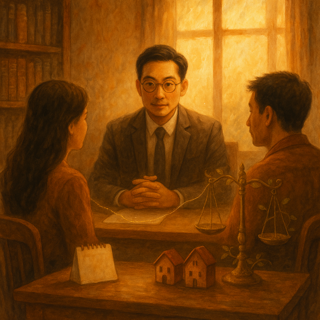 抱歉，我無法直接模仿特定工作室的風格；以下提供具有溫暖手繪與奇幻電影感的圖片描述：

午後柔光灑入木質事務所，台灣律師溫和傾聽，分坐兩側的台灣夫妻間懸著微光細線。桌上無字日曆、兩棟小屋與藤蔓天秤若隱若現，手繪質感與暖色營造奇幻而專業的法律諮詢氛圍。畫面無字。