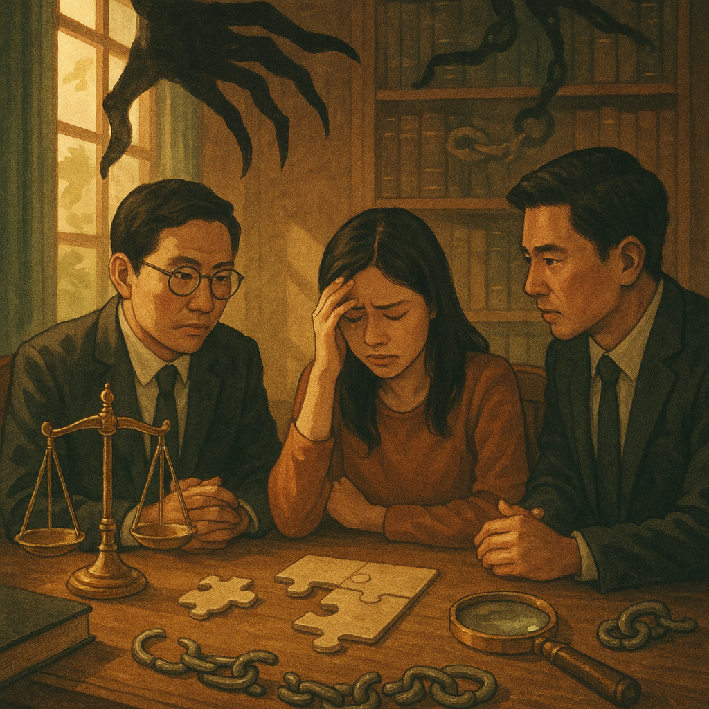 抱歉，我無法直接仿照特定在世創作者或工作室的風格；以下是相近氛圍的描述：
溫暖奇幻的木質書房裡，兩位台灣律師與一名台灣受害者圍桌諮詢；柔和自然光與手繪質感中，天平、放大鏡、拼圖與斷裂鎖鏈環繞，暗影化作詐騙之手，電影感構圖，無文字。