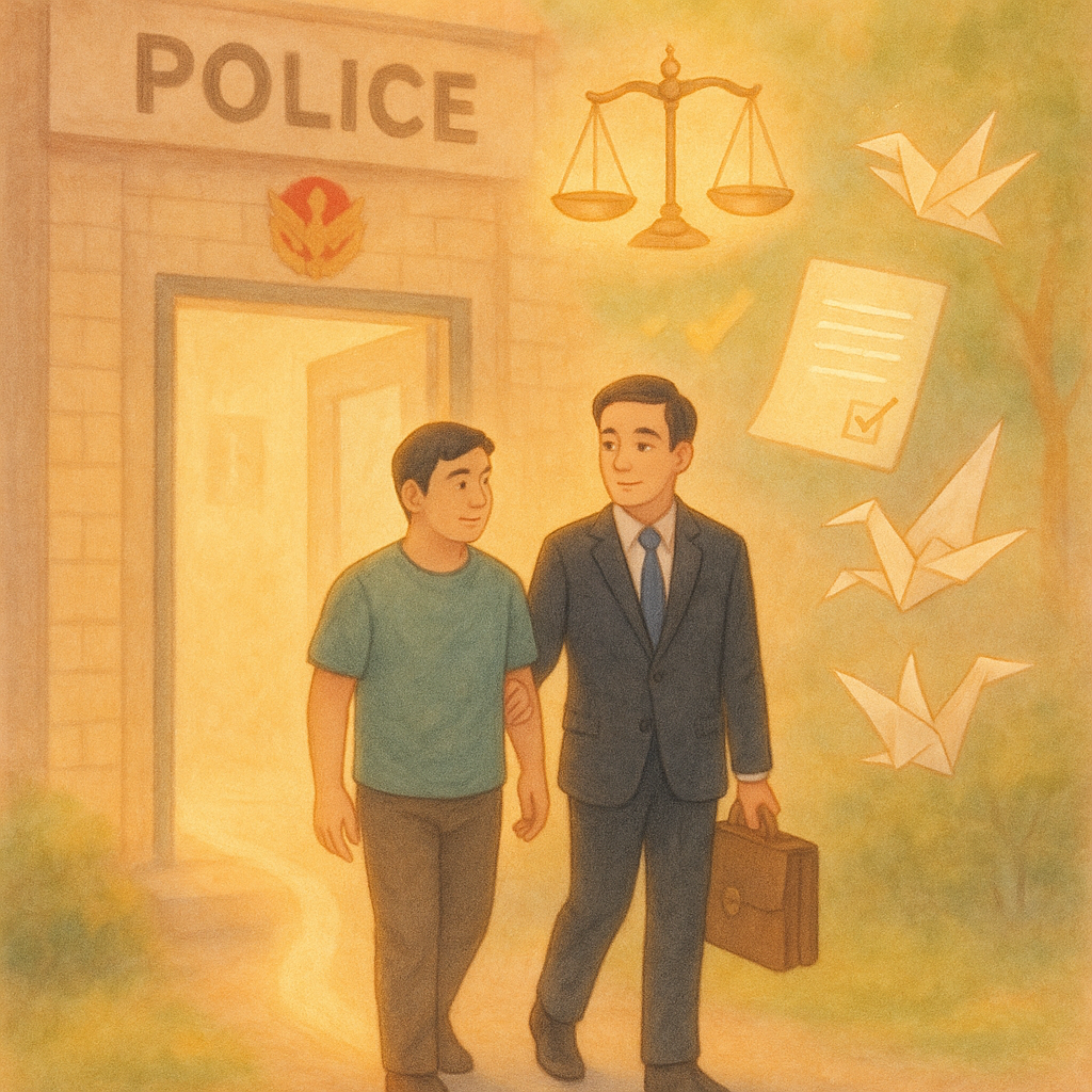 柔光手繪、自然光的溫暖場景中，一位台灣人當事人在表情專業溫和的律師陪同下走向敞開的派出所門；金色天秤、發光文件與打勾清單、指引的光路與紙鶴環繞，象徵自首與行動建議的希望。