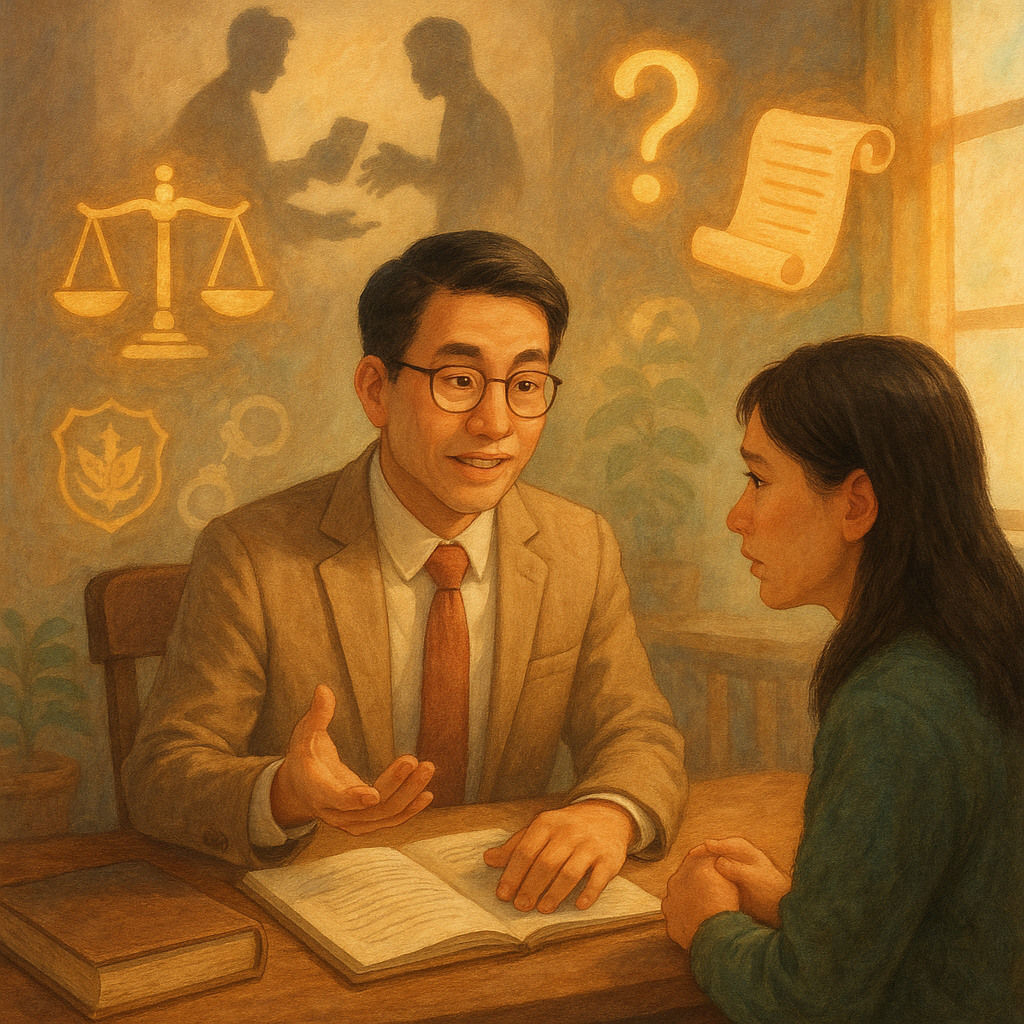 溫暖奇幻的高解析手繪插畫:台灣人律師在柔和自然光下向憂心當事人解說,身旁漂浮天秤、問號與卷宗圖示。牆上投影兩個人物交遞手機與手套的剪影,象徵幫助犯;遠處警徽、手銬與法庭木槌光暈點綴,質感細膩無文字。