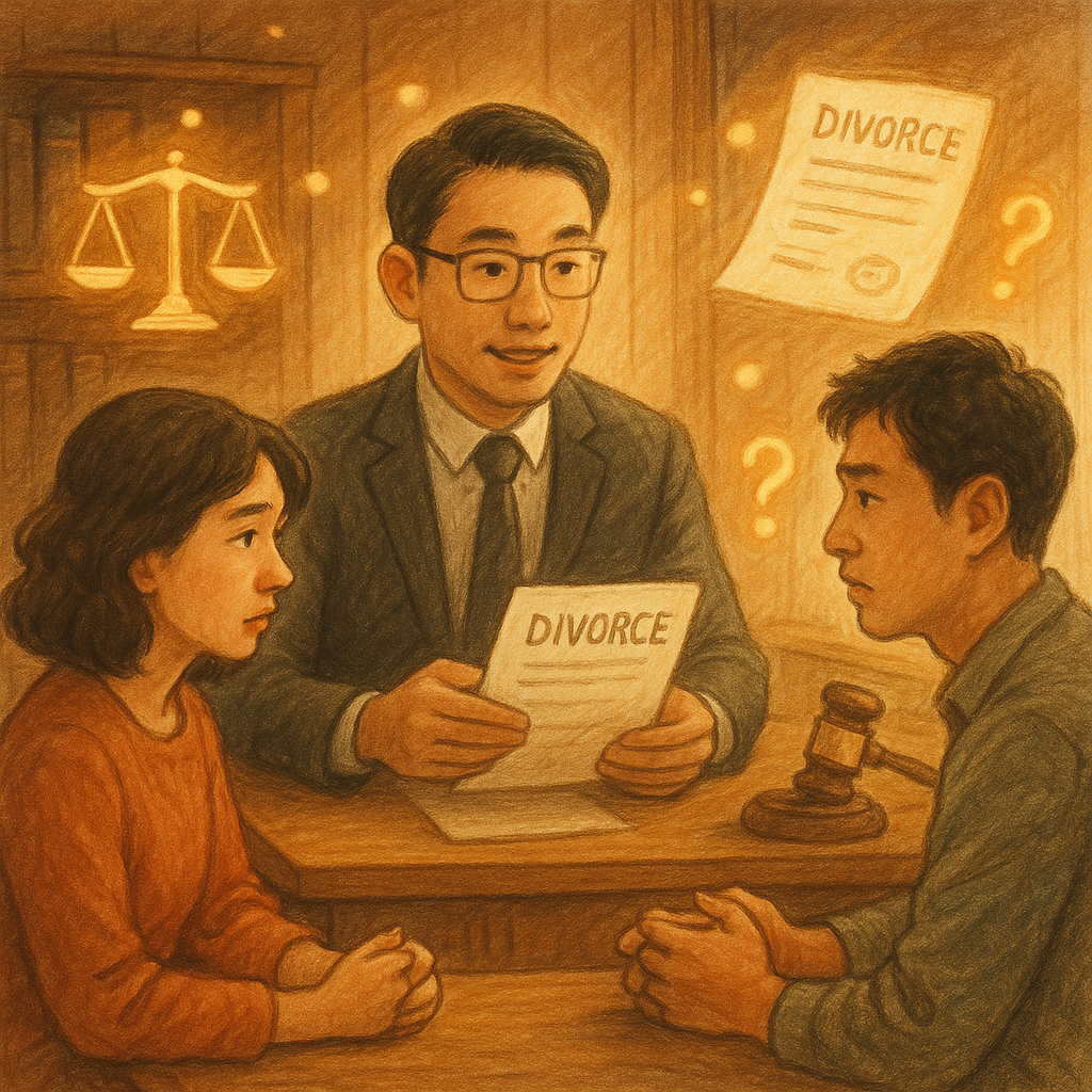 暖色自然光下，台灣律師在木質事務所溫和諮詢一對分坐兩側的台灣夫妻，三人表情細膩，周圍漂浮無字離婚文件、天平與法槌化作光影圖像，並有象徵疑問的暖光點，童話感手繪、電影感細膩質感。