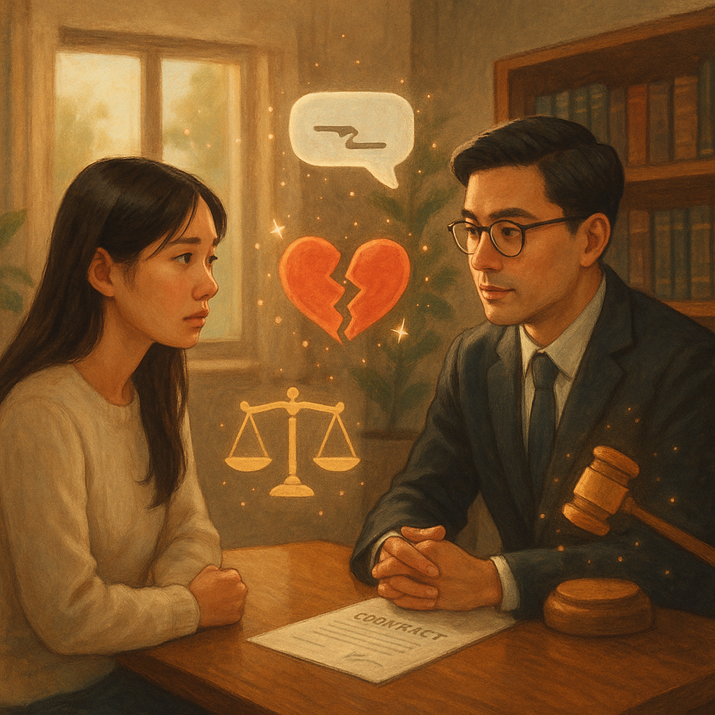 柔和自然光下，台灣年輕女子與專業律師於溫暖手繪辦公室對坐；破碎心形與斷裂訊息泡泡化作光粒飄浮，天秤、法槌與合約圖示環繞，人物表情真摯，電影感奇幻氛圍，無文字。