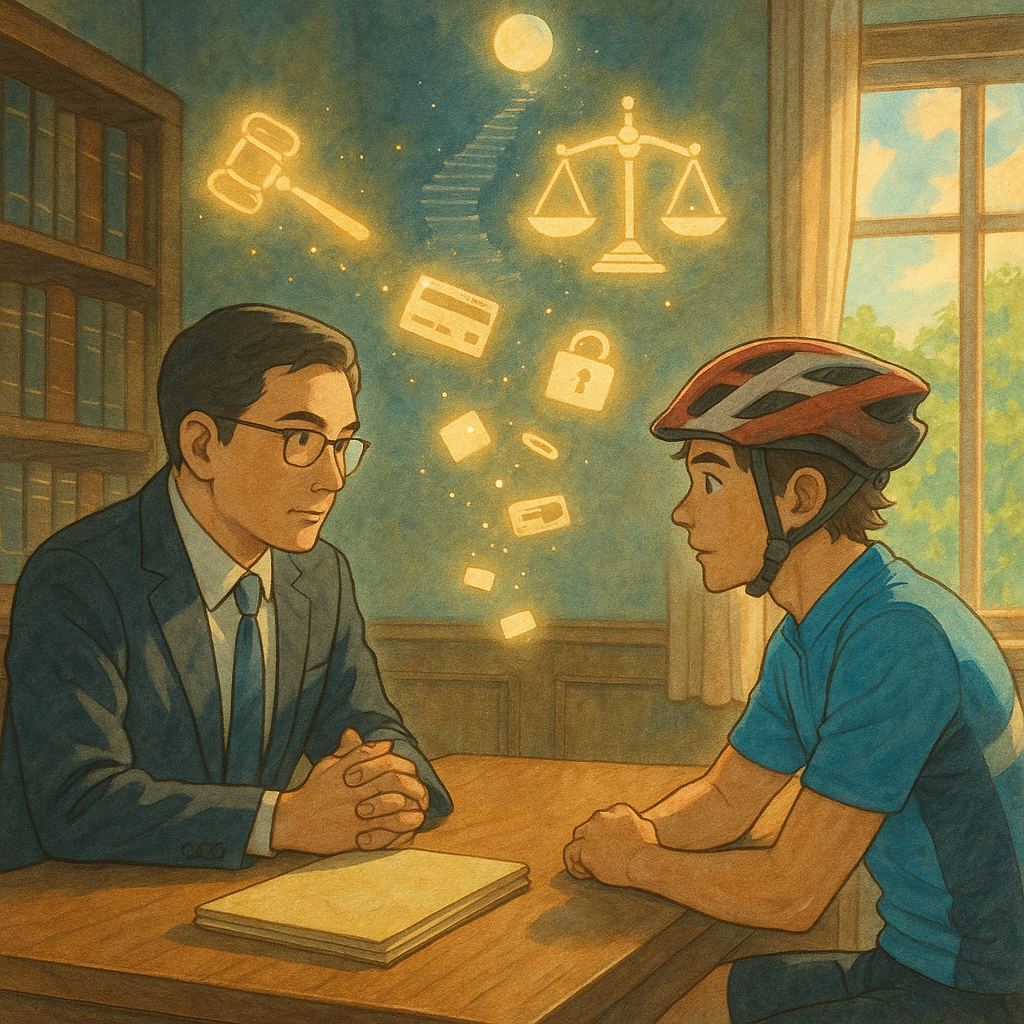 吉卜力般柔和色彩、自然光與高解析手繪風，台灣律師與年輕車手在事務所對坐，神情專注；上方垂落發光法槌與天秤、指南針足跡成光點，指向一條階梯道路；桌上無字卷宗、銀行卡與安全鎖圖示漂浮，寓意結論與行動建議。