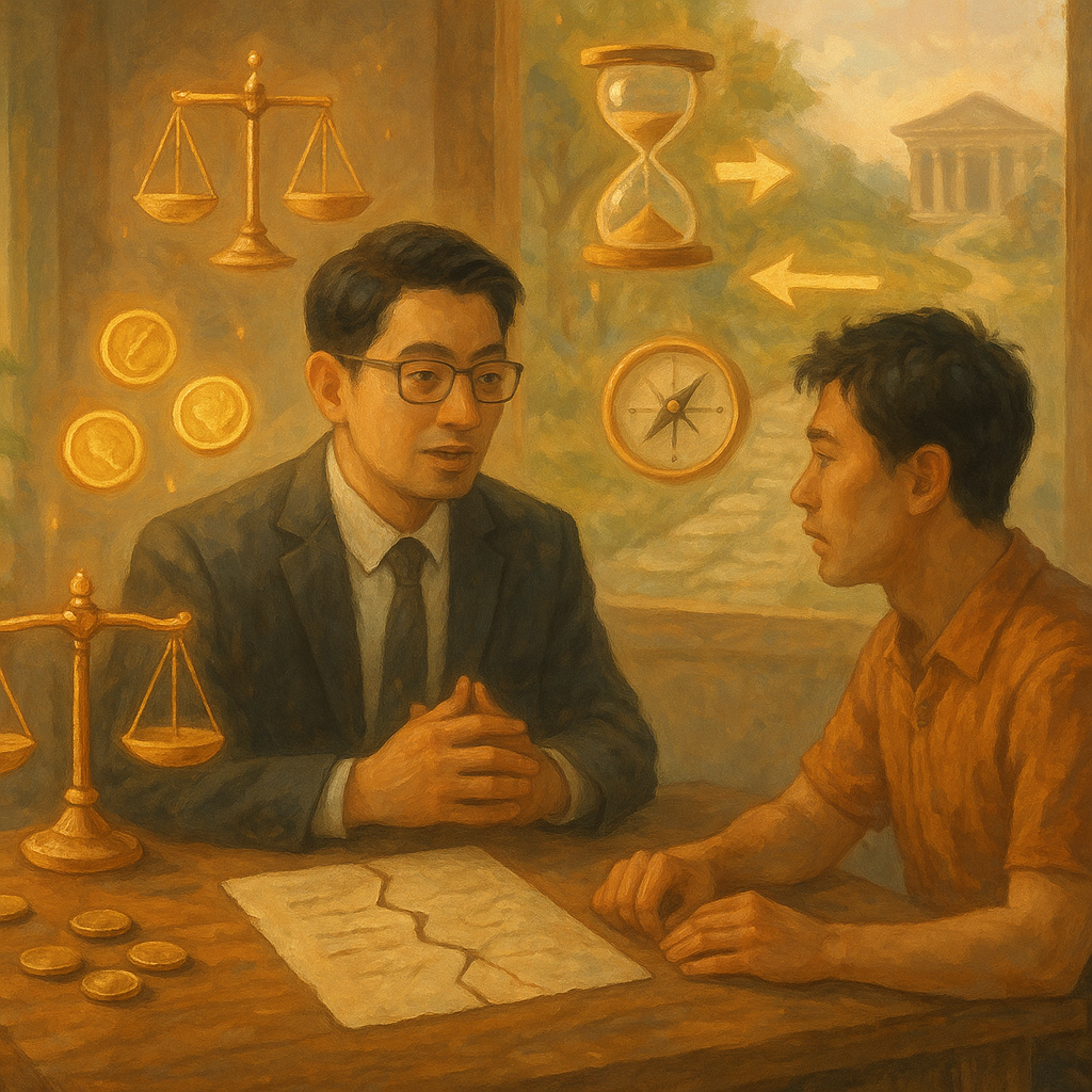 抱歉,我不能直接以特定在世藝術家或工作室的風格創作;以下提供相近氛圍的描述:
溫暖自然光下,台灣人律師與當事人於木桌諮詢;天平、裂痕契約與散落硬幣化作發光符號環繞,象徵背信。遠處通往法院的石徑與指引箭頭、沙漏與羅盤漂浮,暗示結論與行動。手繪質感、柔色、魔幻電影感,無文字。