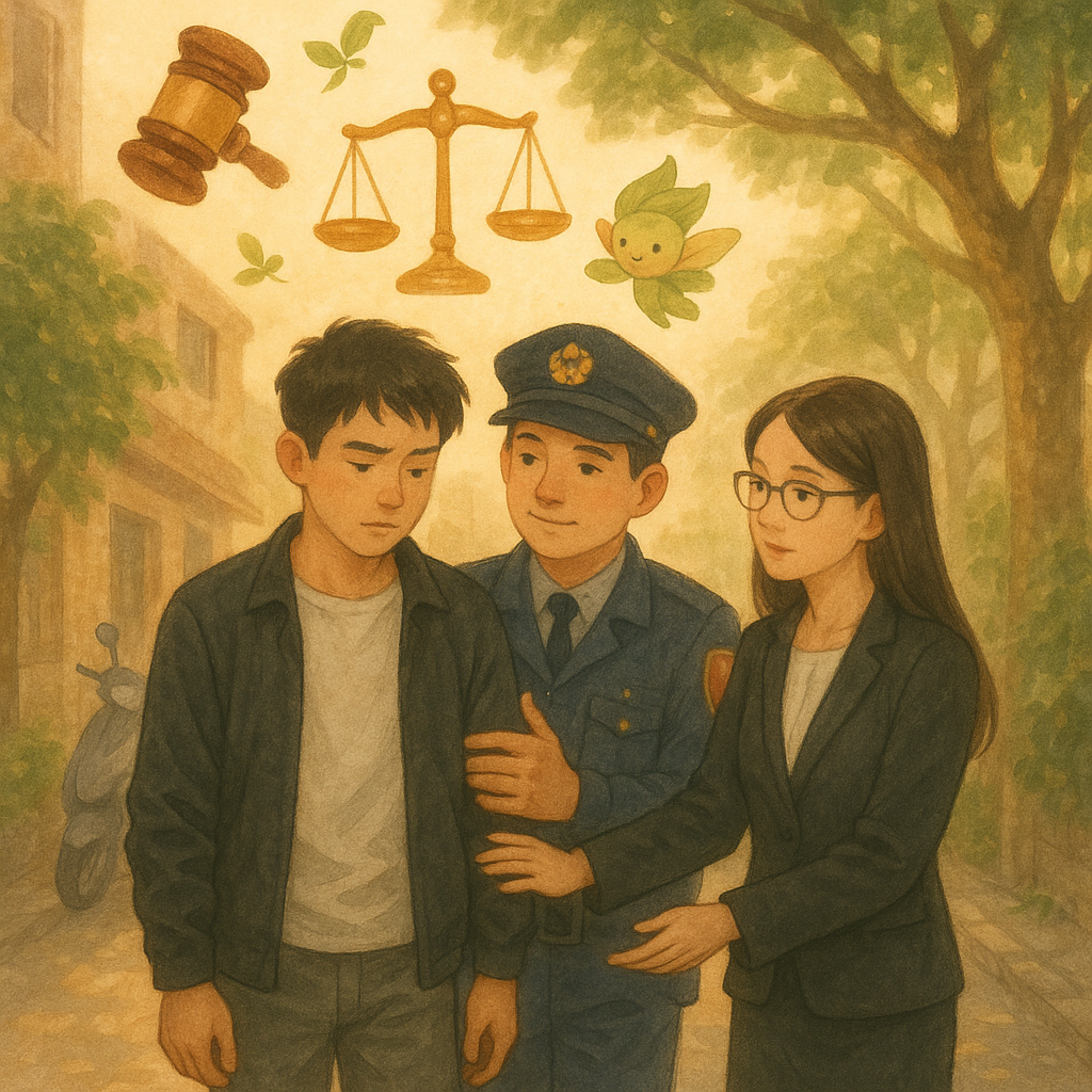 柔光下，台灣年輕車手正被溫和的台灣警員帶走，旁邊台灣女律師伸手安撫；天光中漂浮法槌、天秤與樹葉小精靈，巷弄機車與榕樹映襯，電影感構圖，手繪質感溫暖、無文字。