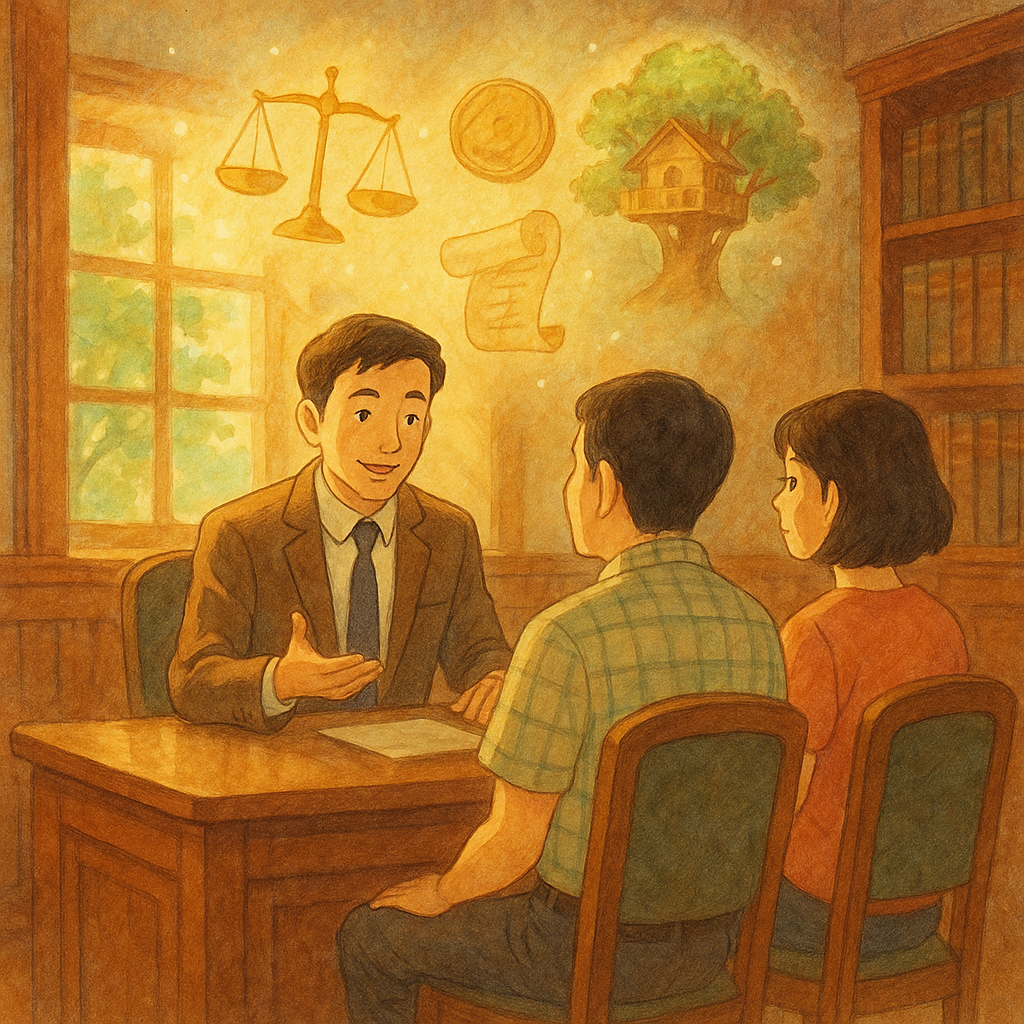 吉卜力風格的暖色手繪場景：台灣律師於木質事務所溫柔諮詢一對台灣父母，陽光灑入。半透明天光中漂浮天秤、硬幣、卷軸與托育樹屋等象徵，細膩紋理、魔幻而寫實、無文字。