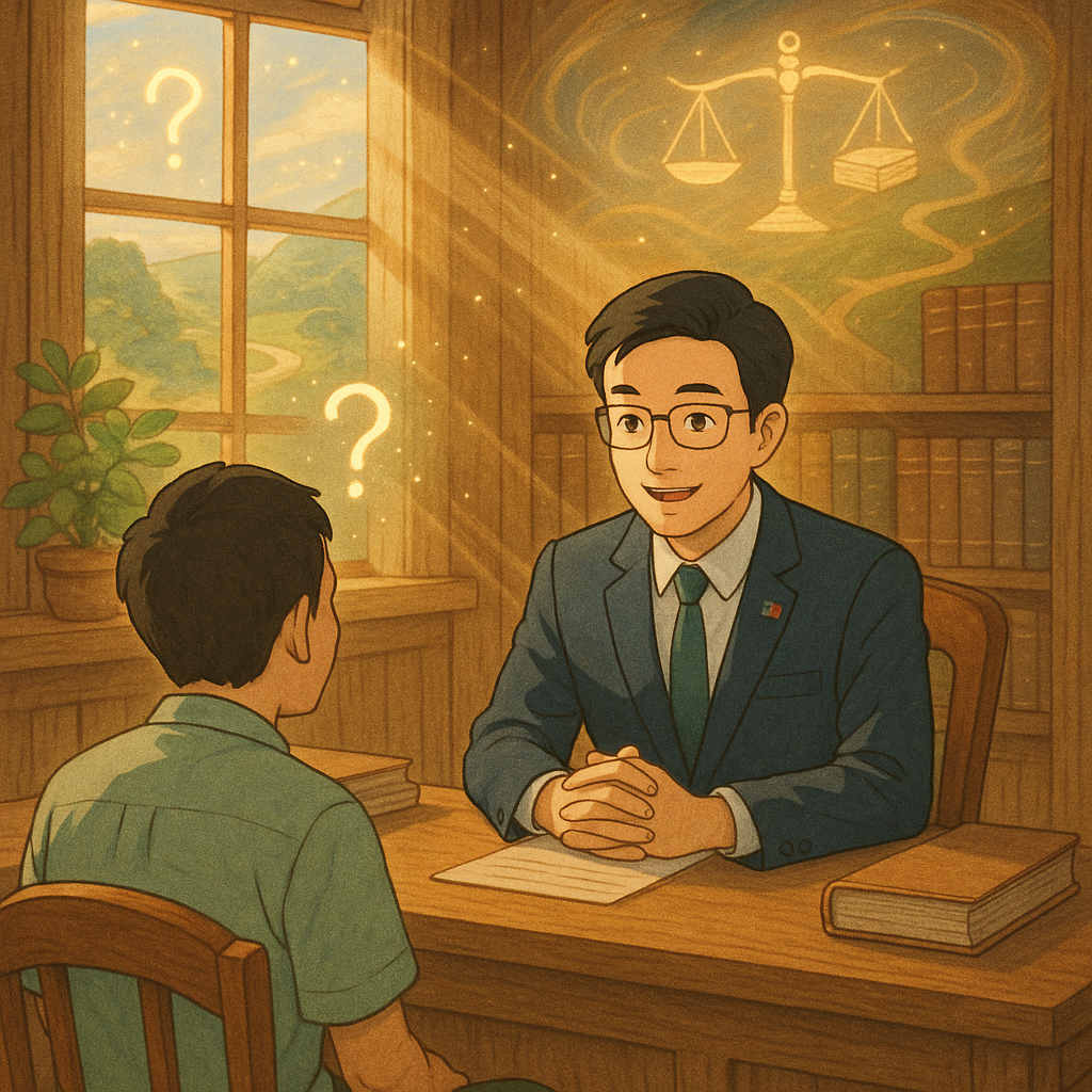 吉卜力風格的溫暖法律諮詢室裡，台灣律師與民眾對談；自然光灑落，手繪木質紋理，空中漂浮象徵疑問的光點。天邊浮現象徵抗告的天秤、木槌、卷宗與分岔小徑的光影，環繞如微風般魔幻。