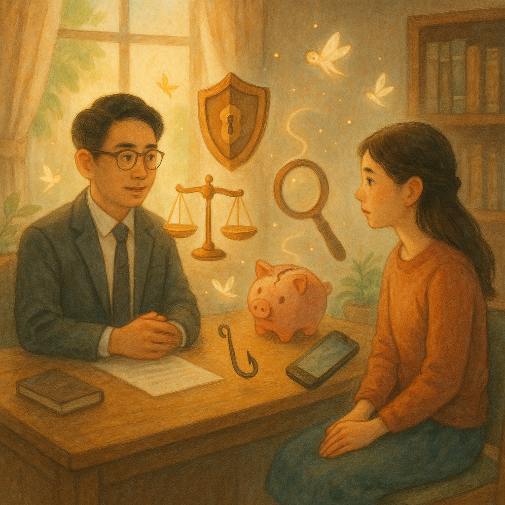 抱歉，我無法直接以特定工作室的標誌性風格創作。不過我可以提供具柔和色調、自然光、手繪質感與溫暖奇幻電影感的描述：

溫暖自然光的法律諮詢室裡，一位台灣律師與受害者對坐；桌上漂浮天秤、盾牌、放大鏡與破碎撲滿、釣鉤手機等詐騙象徵；柔和手繪質感、童話般微光與輕靈生物營造魔幻而現實交織，畫面無文字。